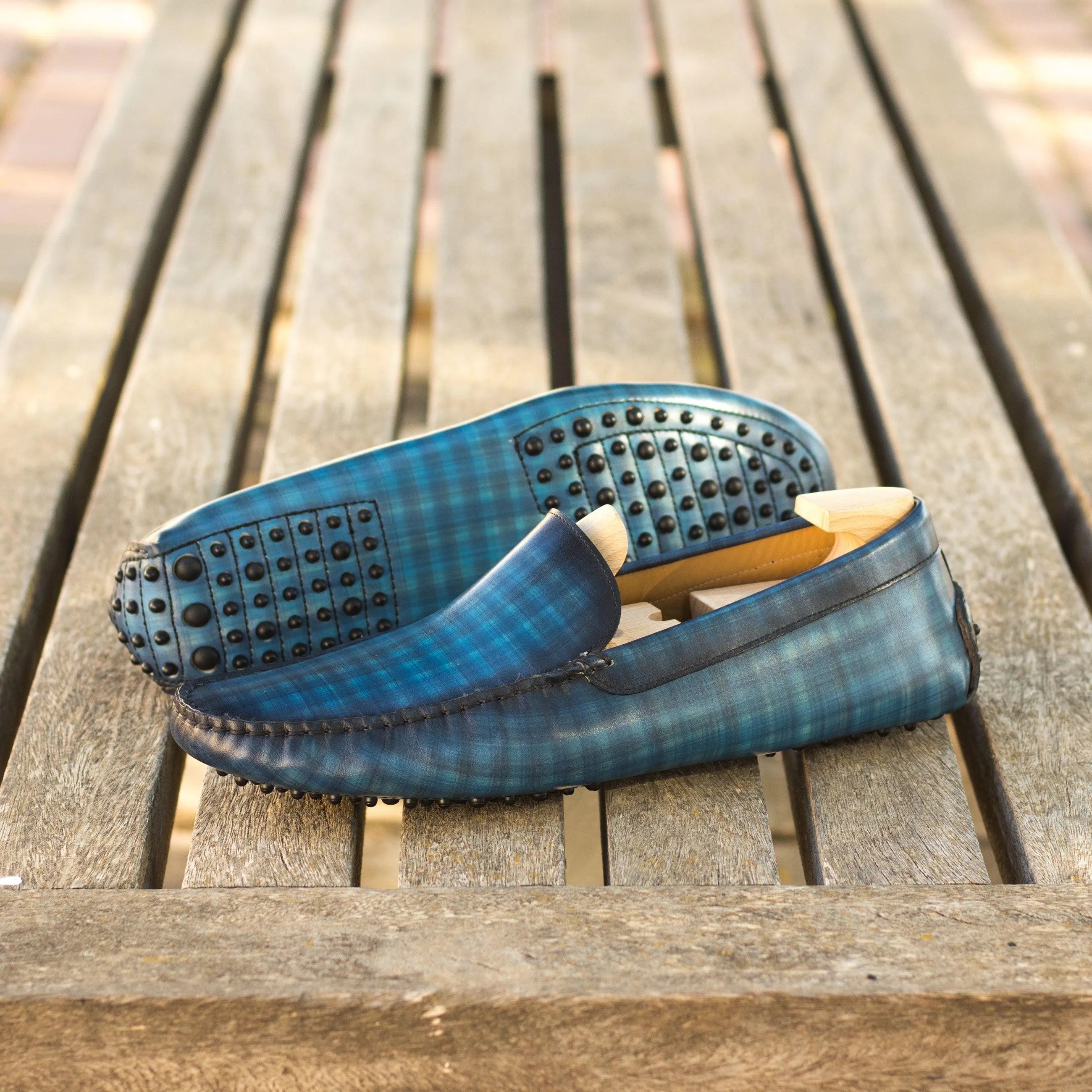 Blue plaid Leonardo Patina Driver II shoes for stylish driving comfort