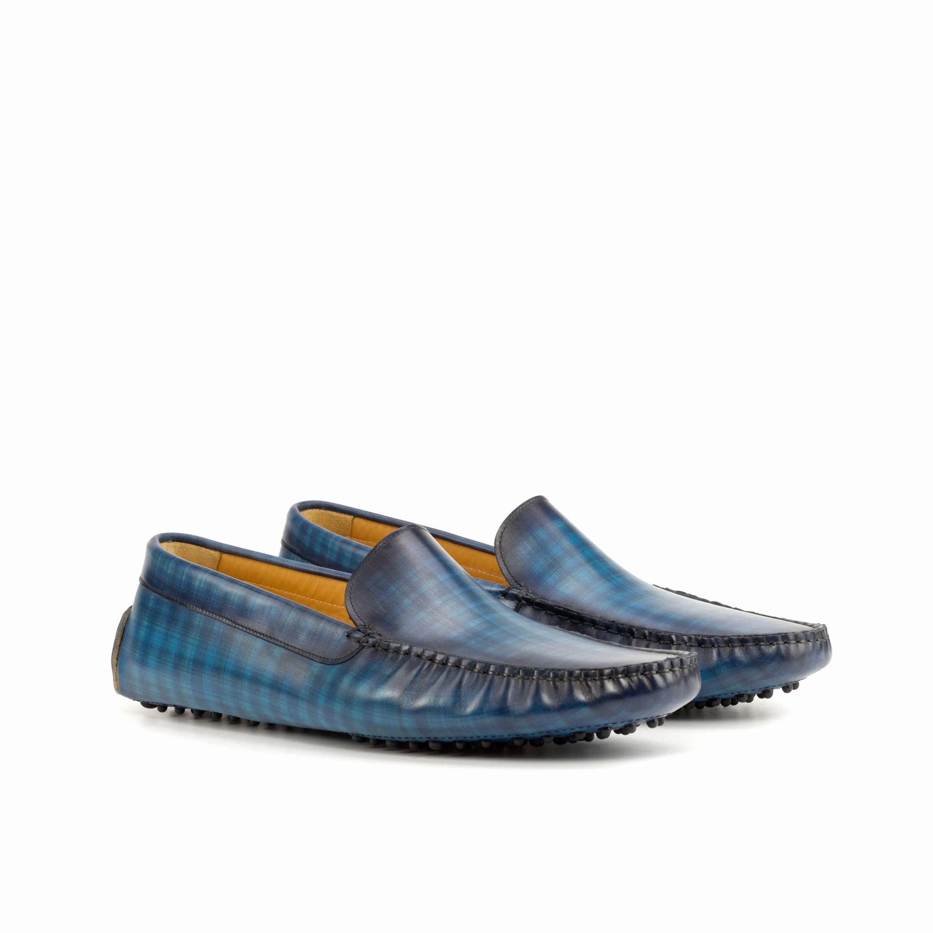 Blue leather driving loafers of the Leonardo Patina Driver collection