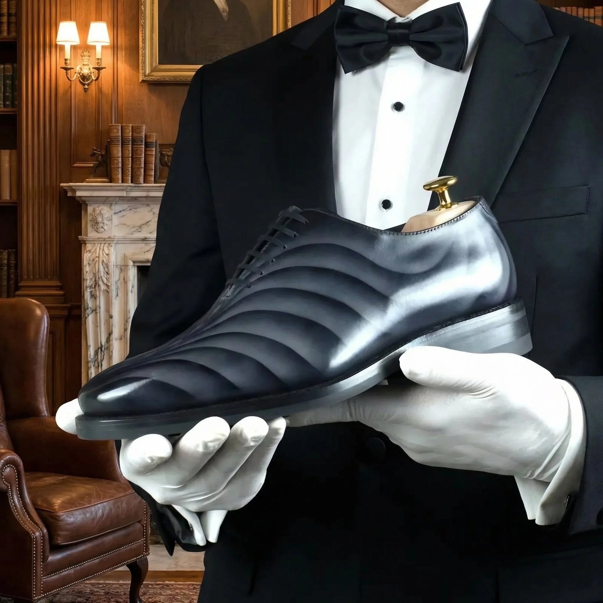 Black leather oxford shoe leonidas patina wholecut with glossy finish and distinctive wavy embossed pattern