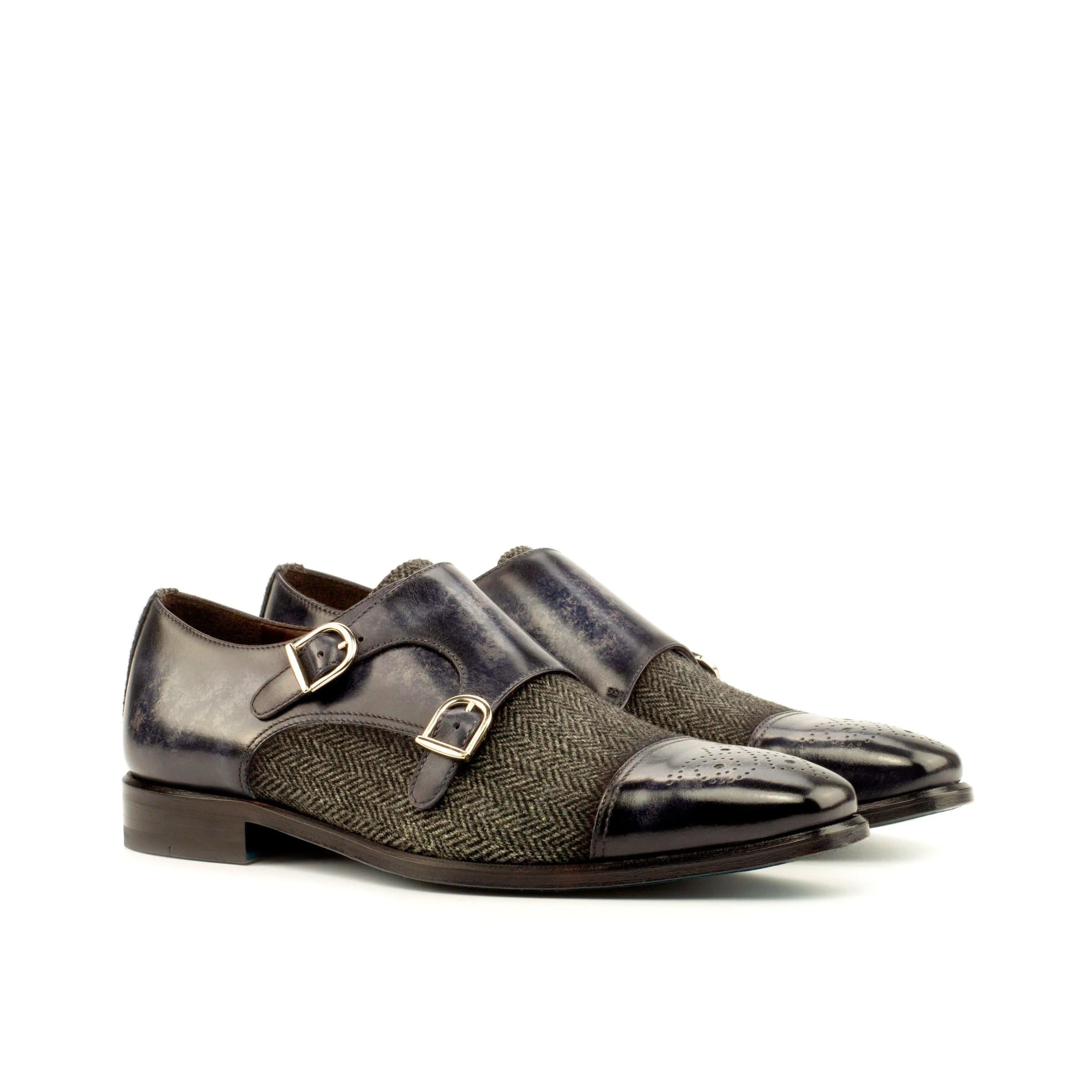 Pair of Leather and Tweed Monk Strap Shoes from the Leonist Double Monk Patina collection