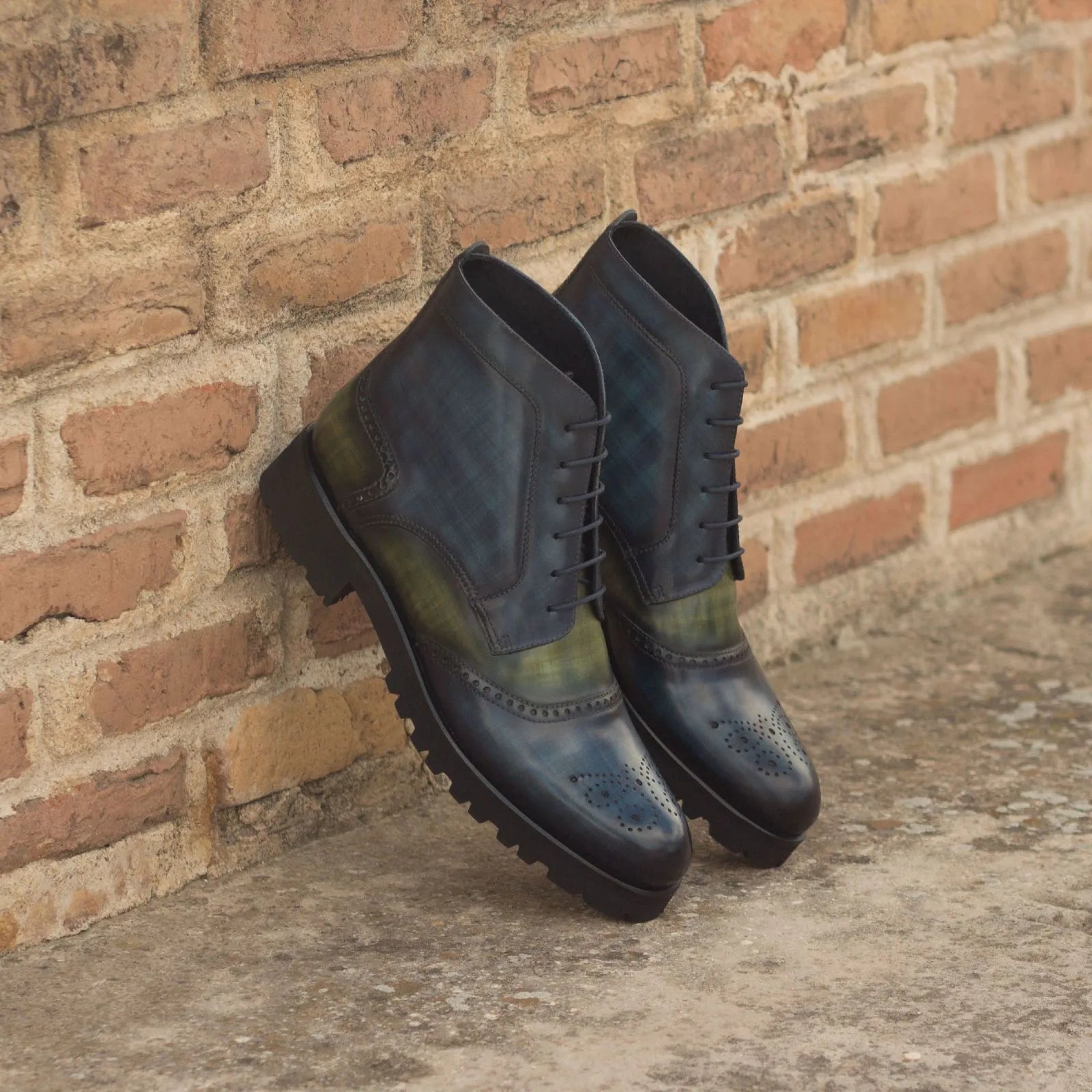 Blue and green leather wingtip boots from Lidia Women’s Military collection