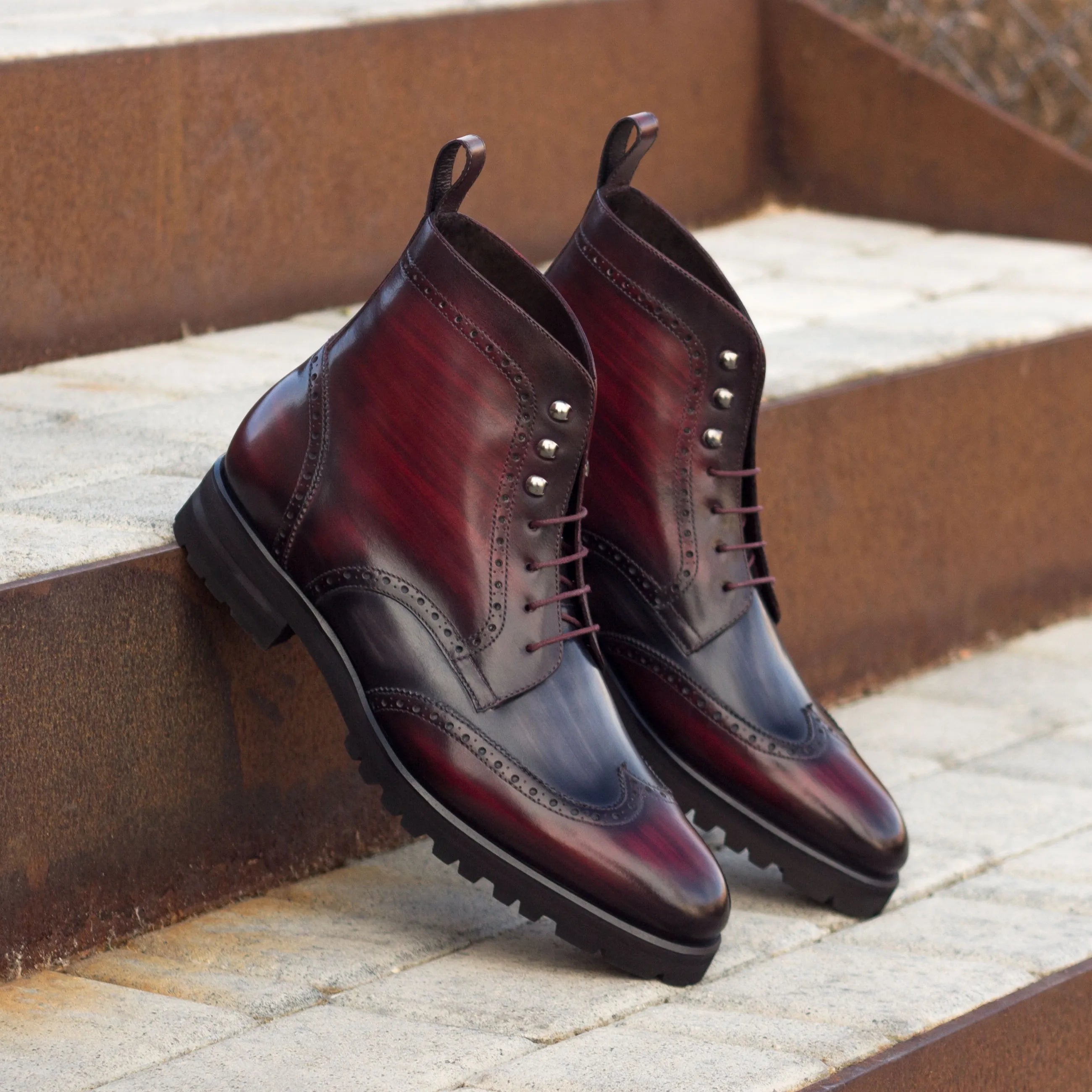 Burgundy leather Lincoln Military Brogue Boots with exquisite wingtip design