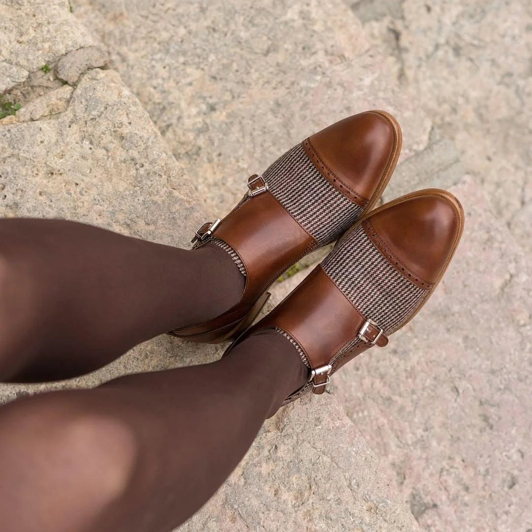Lolas Women Double Monk Shoes in brown leather with woven ankle strap and gold buckle