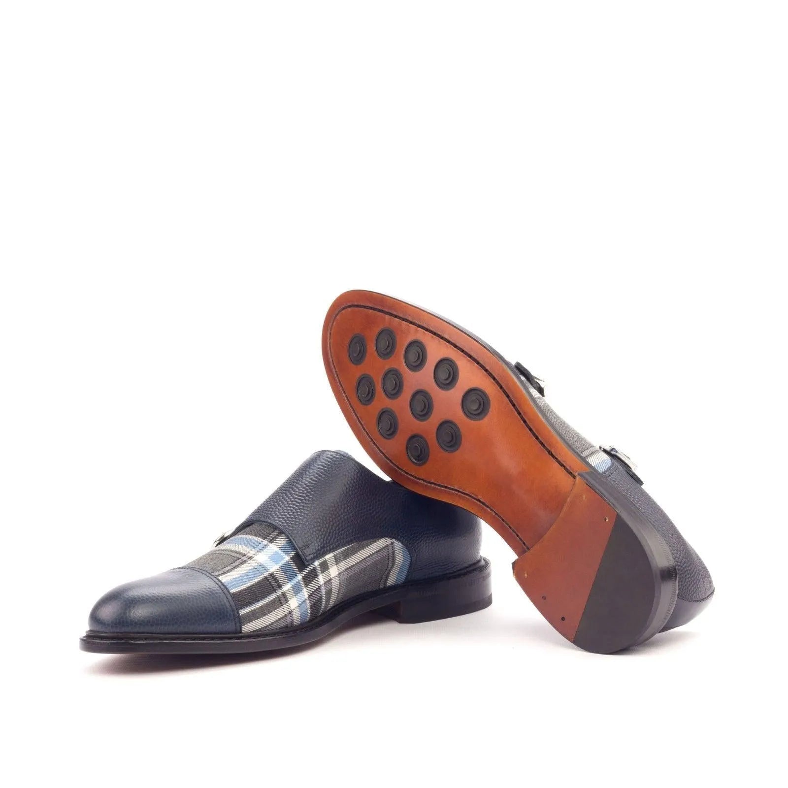 Leather double monk strap shoes with plaid accent, featuring Lorrd Double Monk II design