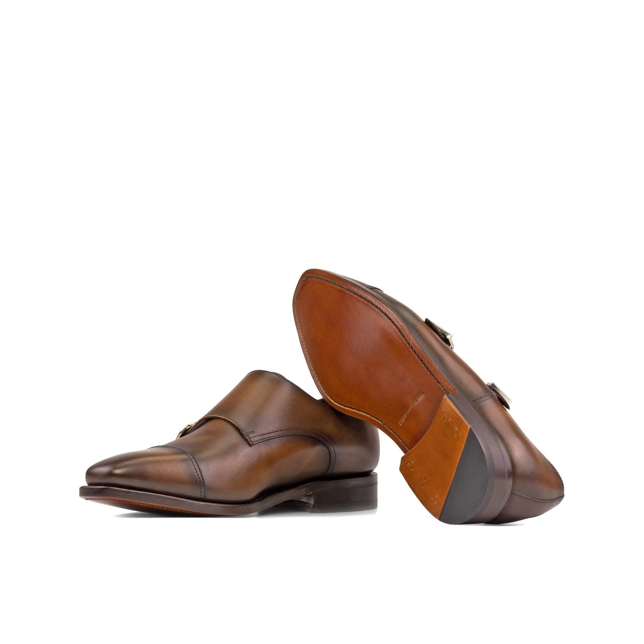 Pair of brown leather Louisiana Double Monk shoes featuring a stylish double monk strap design