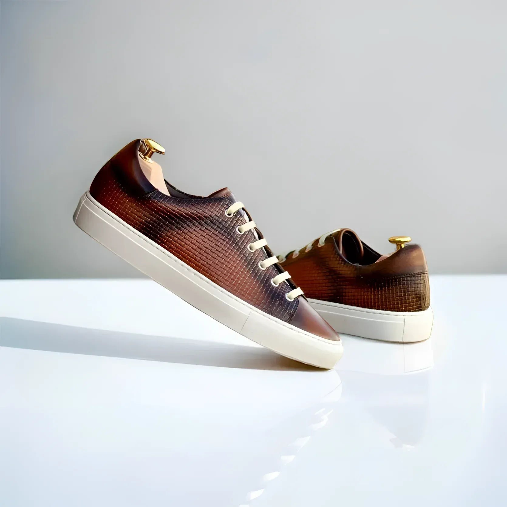 Brown woven leather Lujiano Trainer Sneaker with cupsole in burnished medium brown