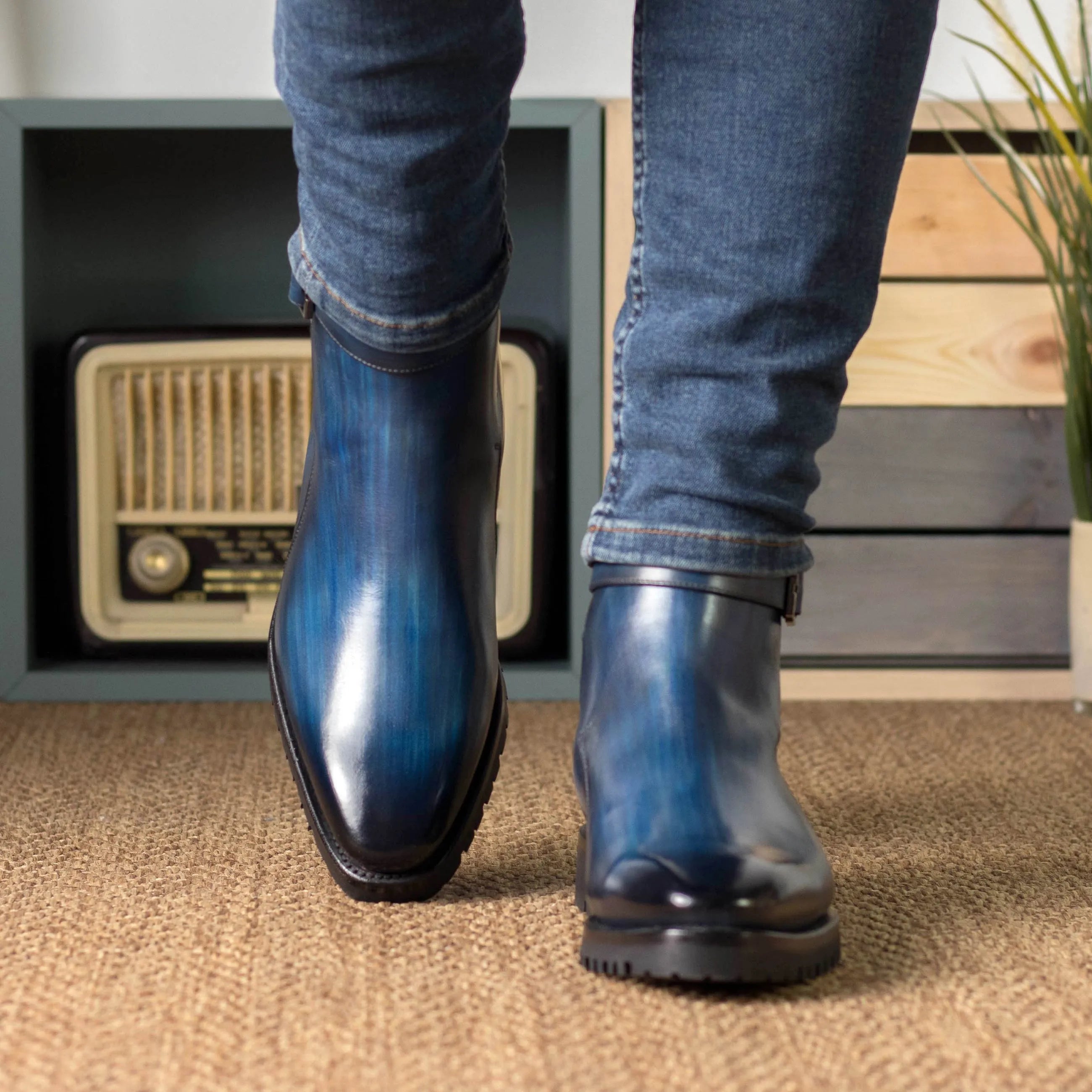 Blue leather Luxio Patina Jodhpur Boots showcasing stylish ankle design and craftsmanship