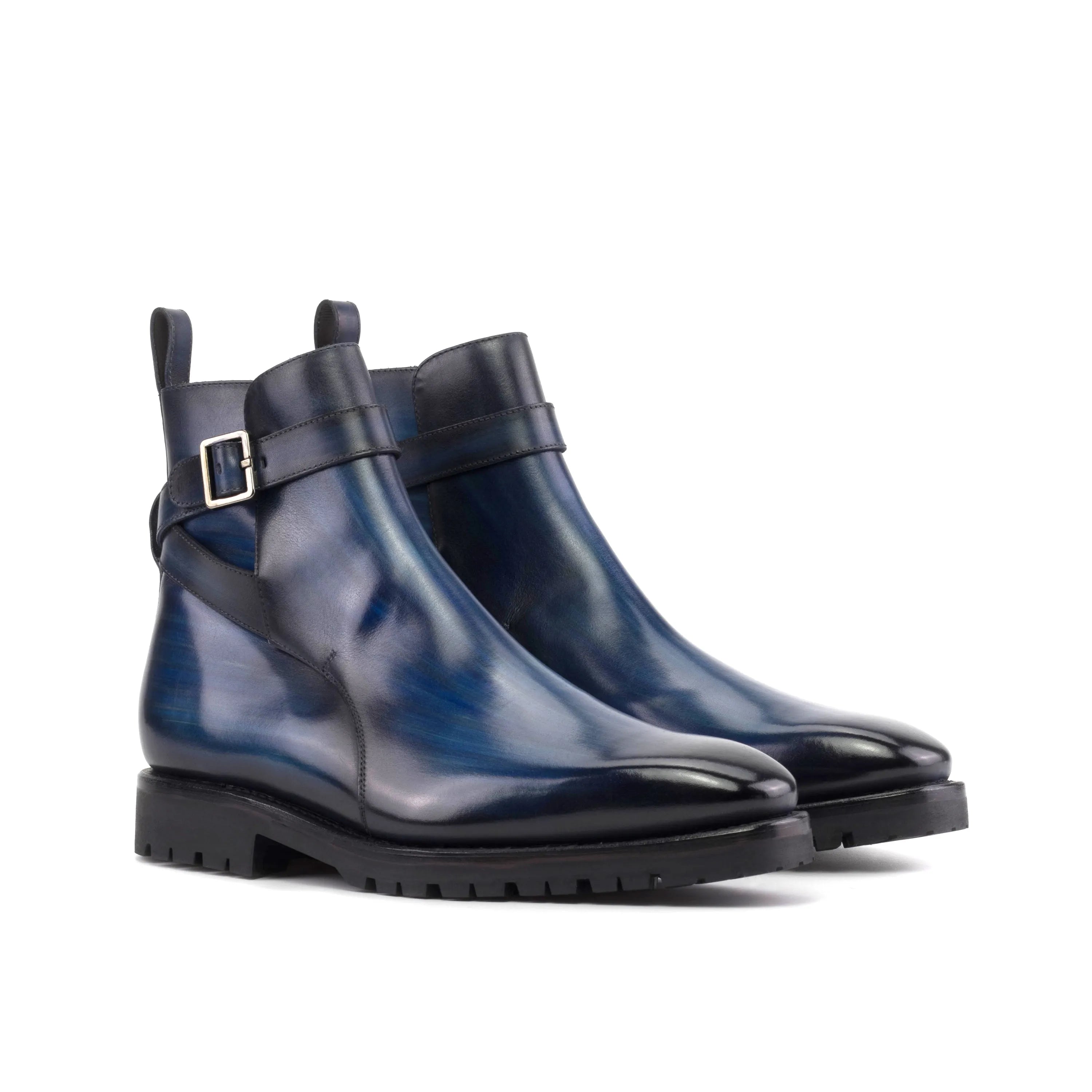 Blue leather ankle boots from Luxio Patina Jodhpur collection featuring elegant design
