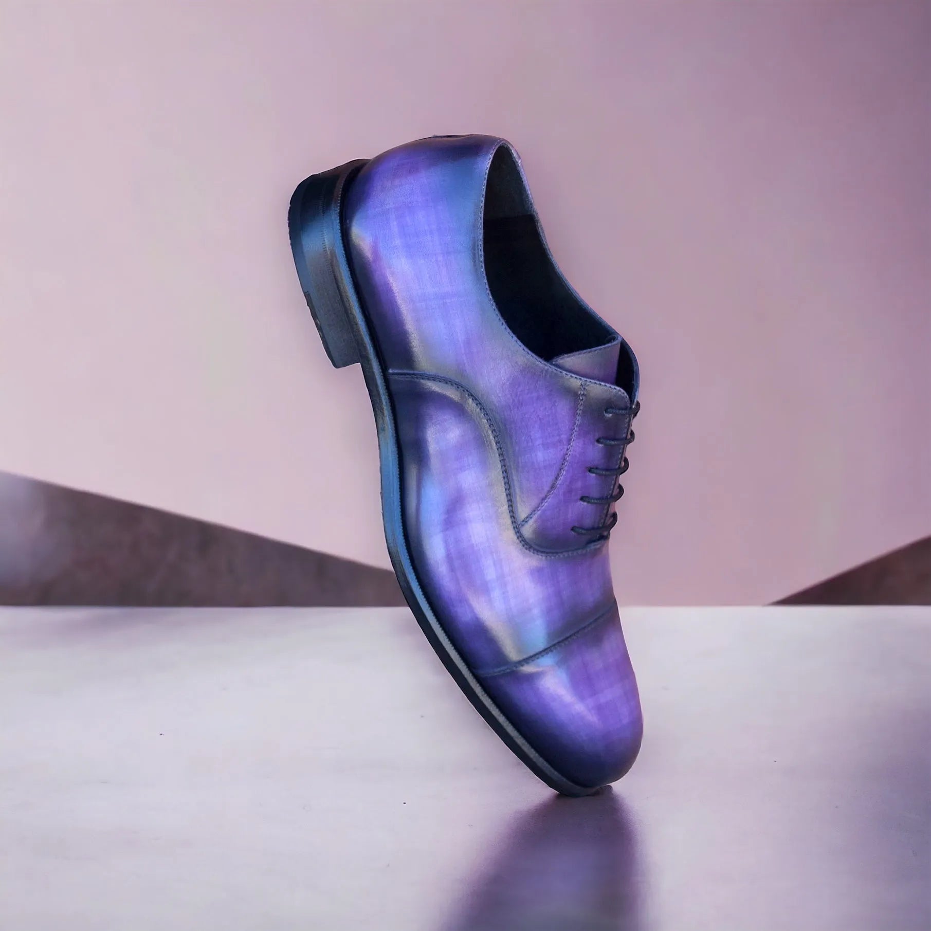 Iridescent purple Maine Oxford patina shoes with a rounded toe design
