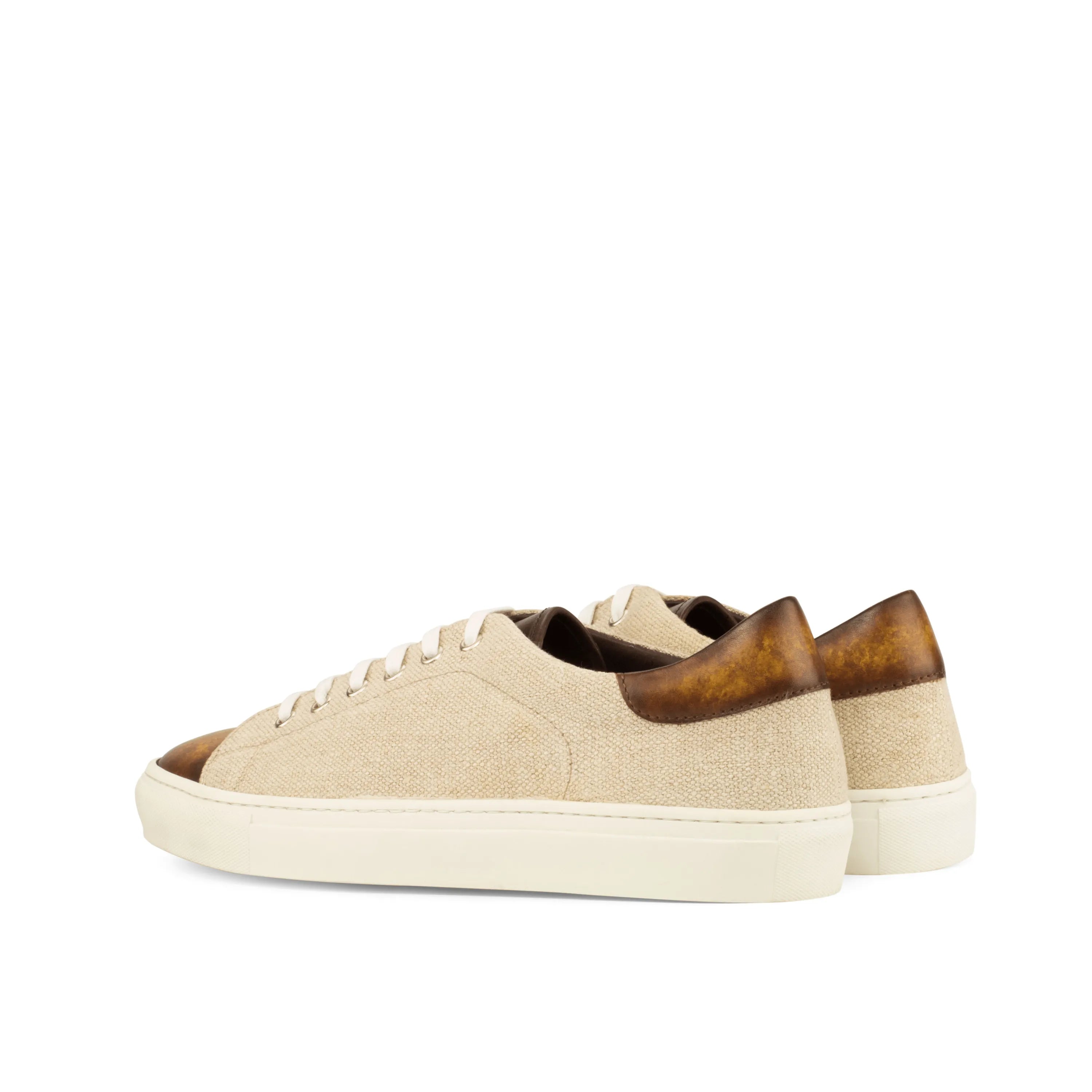 Beige canvas sneakers with brown leather accents, Makya Trainer Patina Sneaker