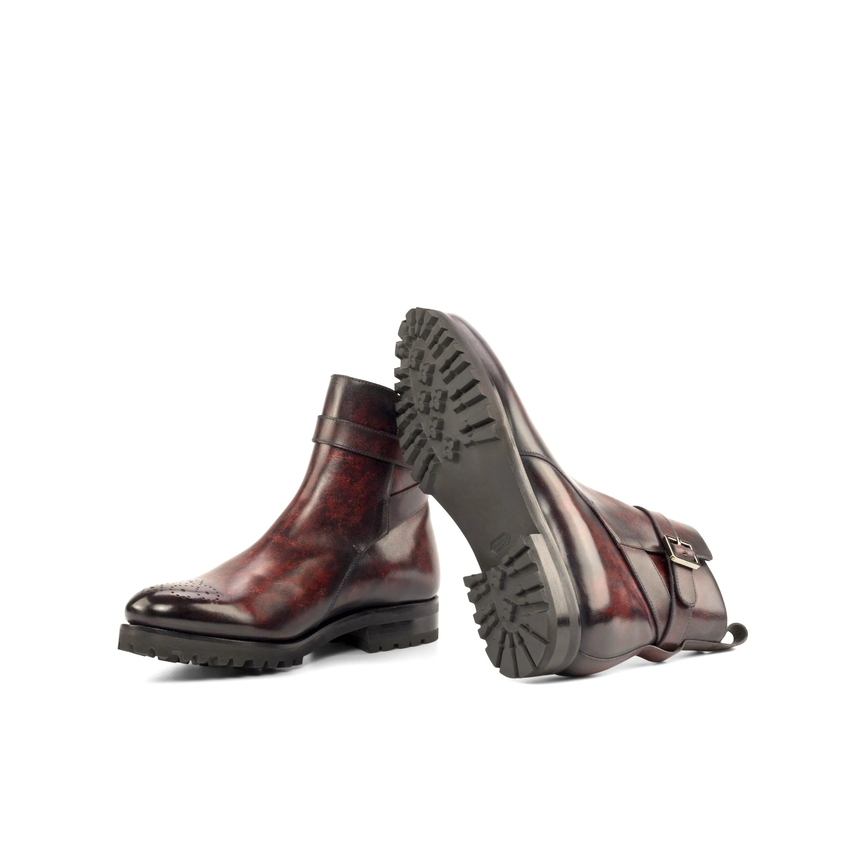 Burgundy leather buckle boots, Mando Jodhpur Patina Boots for elegant style