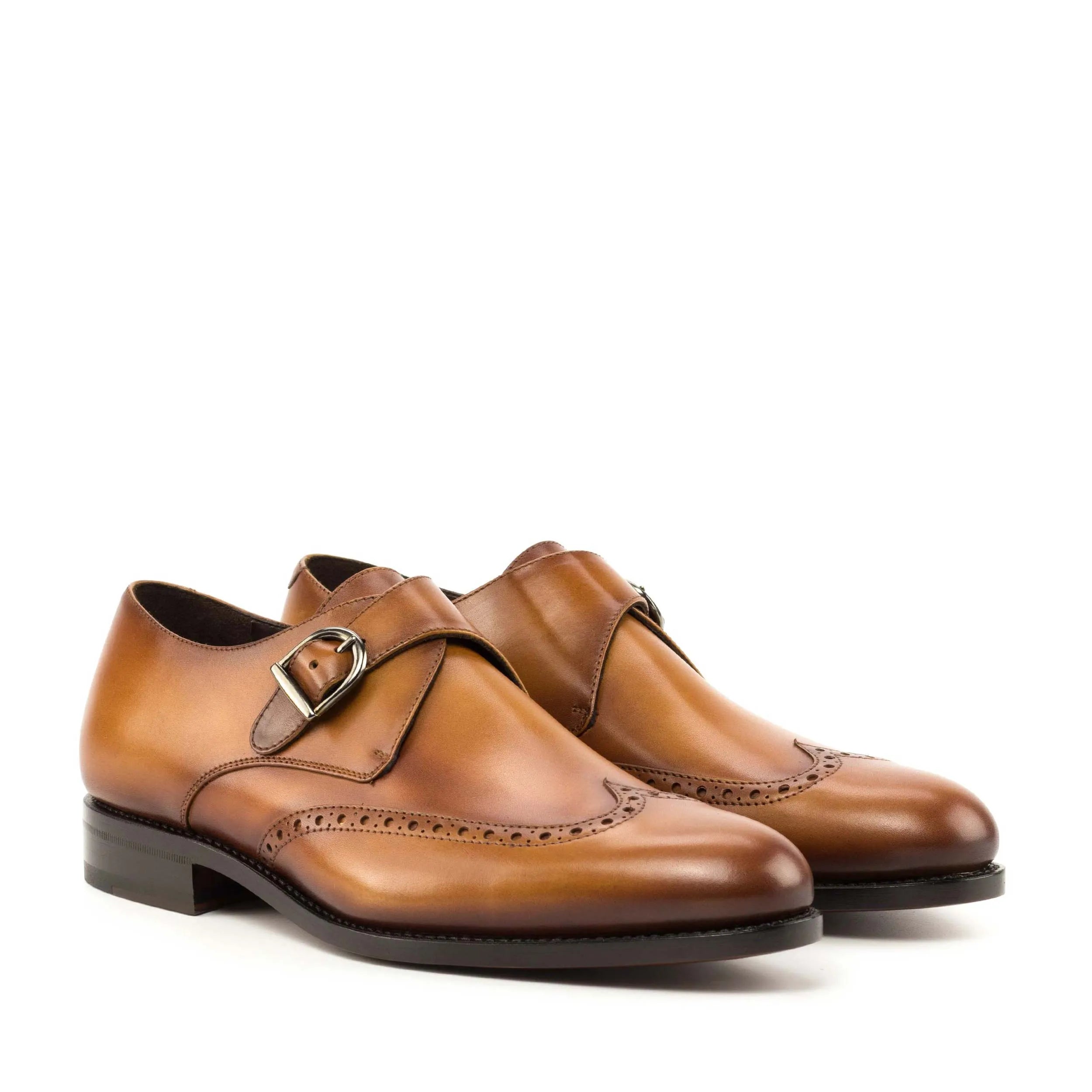 Pair of brown leather monk strap dress shoes from Manio Single Monk for a stylish appearance