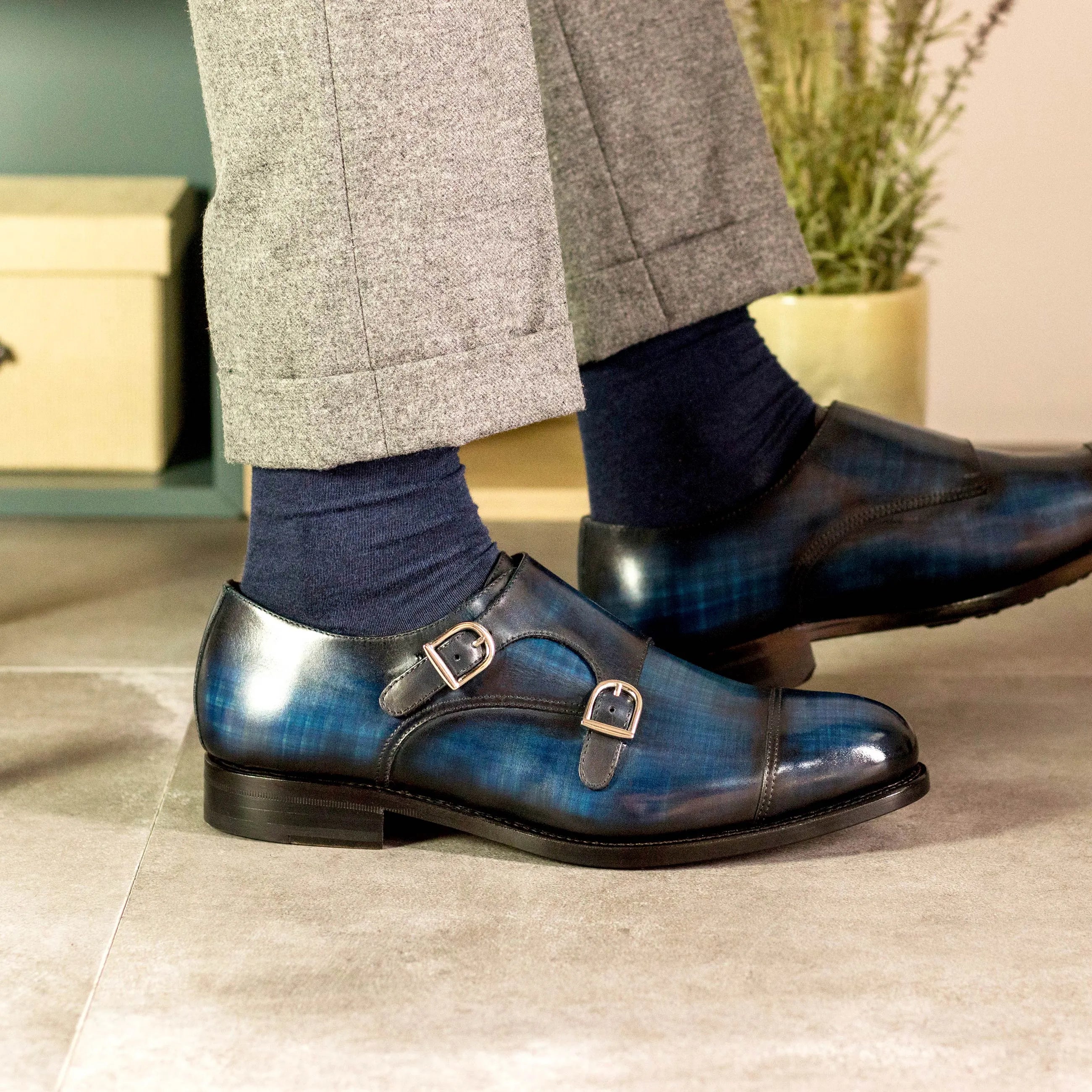 Blue leather Manni Patina Double Monk strap shoes designed for the fast lane lifestyle
