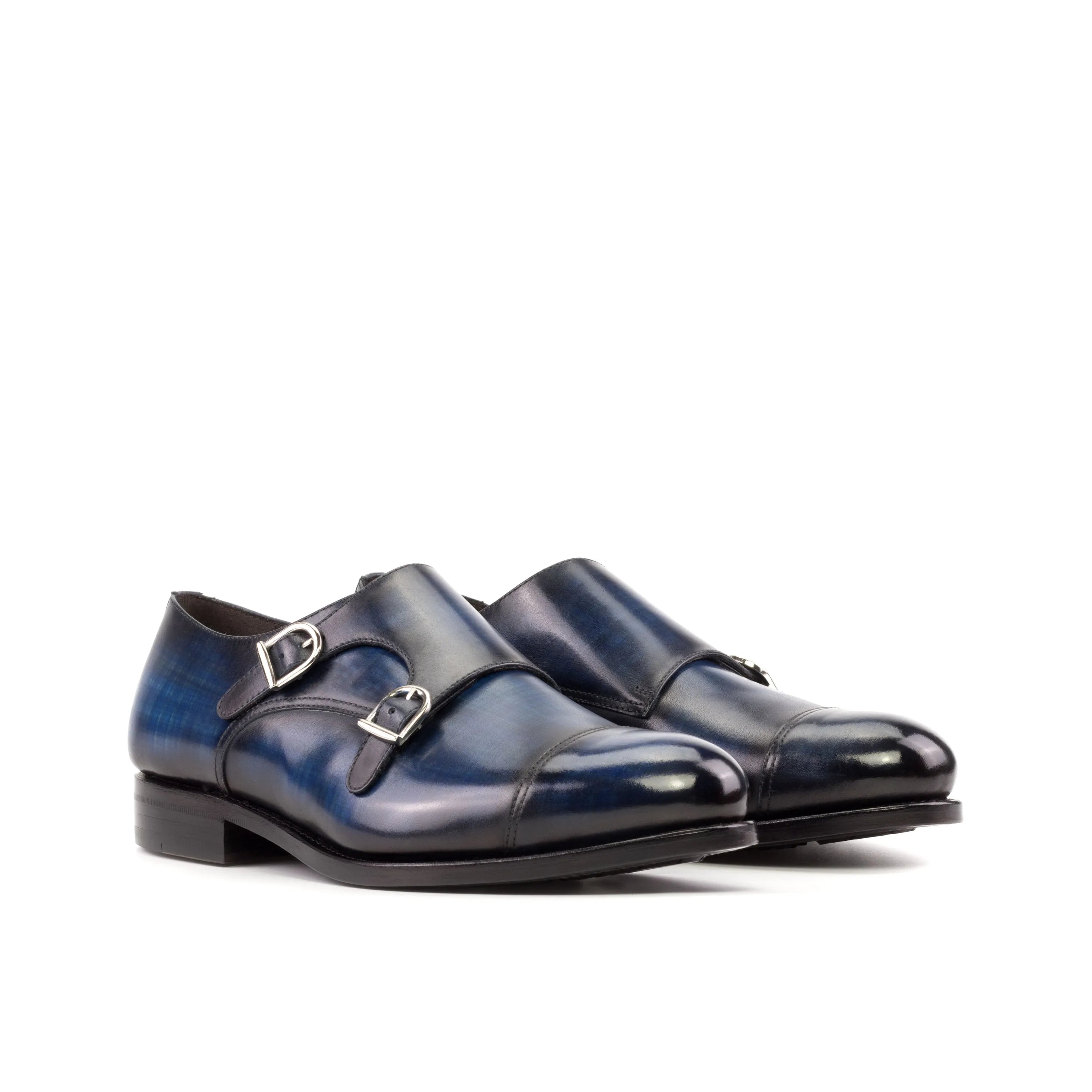 Pair of blue leather Manni Patina Double Monk strap shoes for sophisticated style