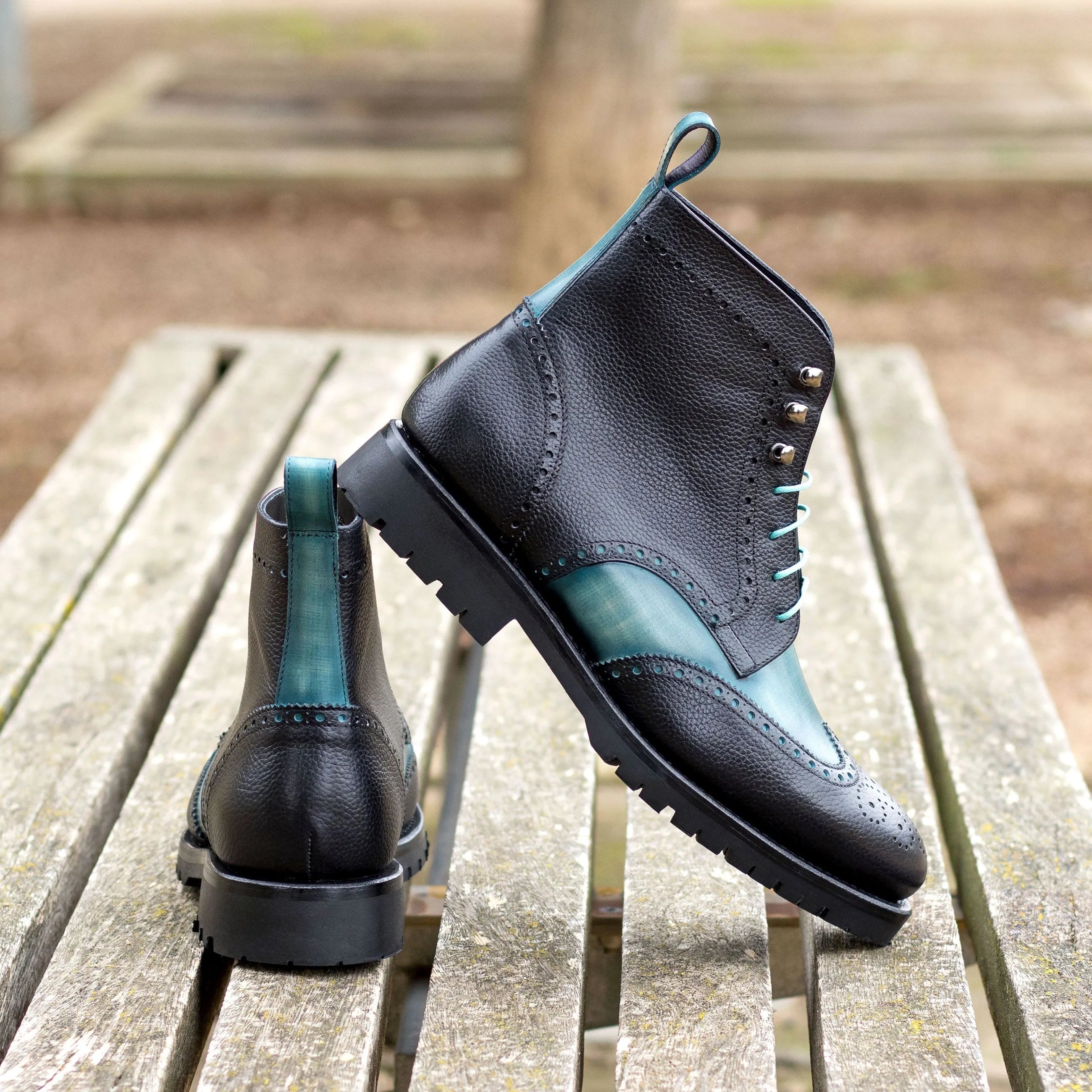 Two-toned leather ankle boots, showcasing Manolo Patina Military Brogue Boots design