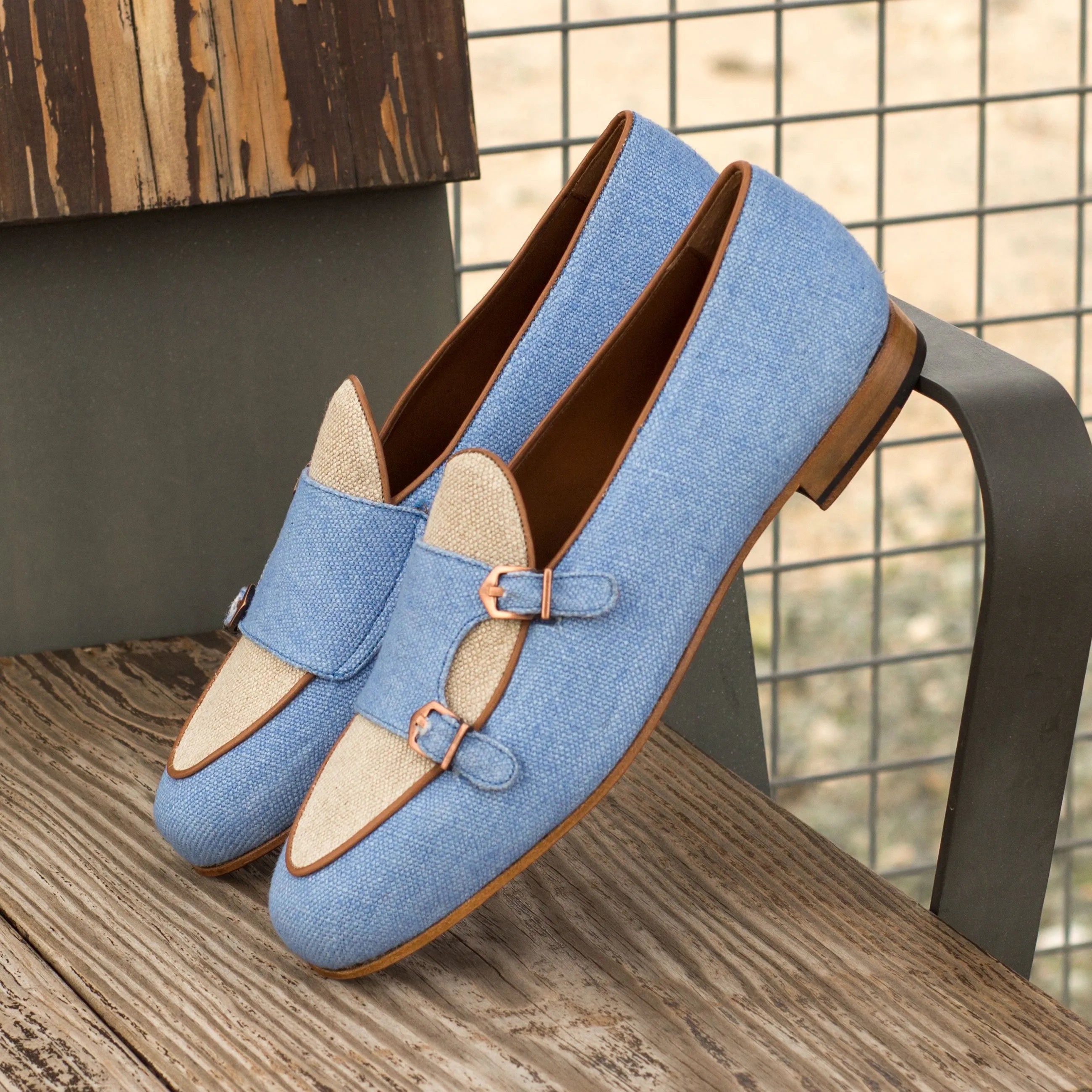 Blue and tan double monk strap loafers from the Marcodan Belgian Monk Slipper collection