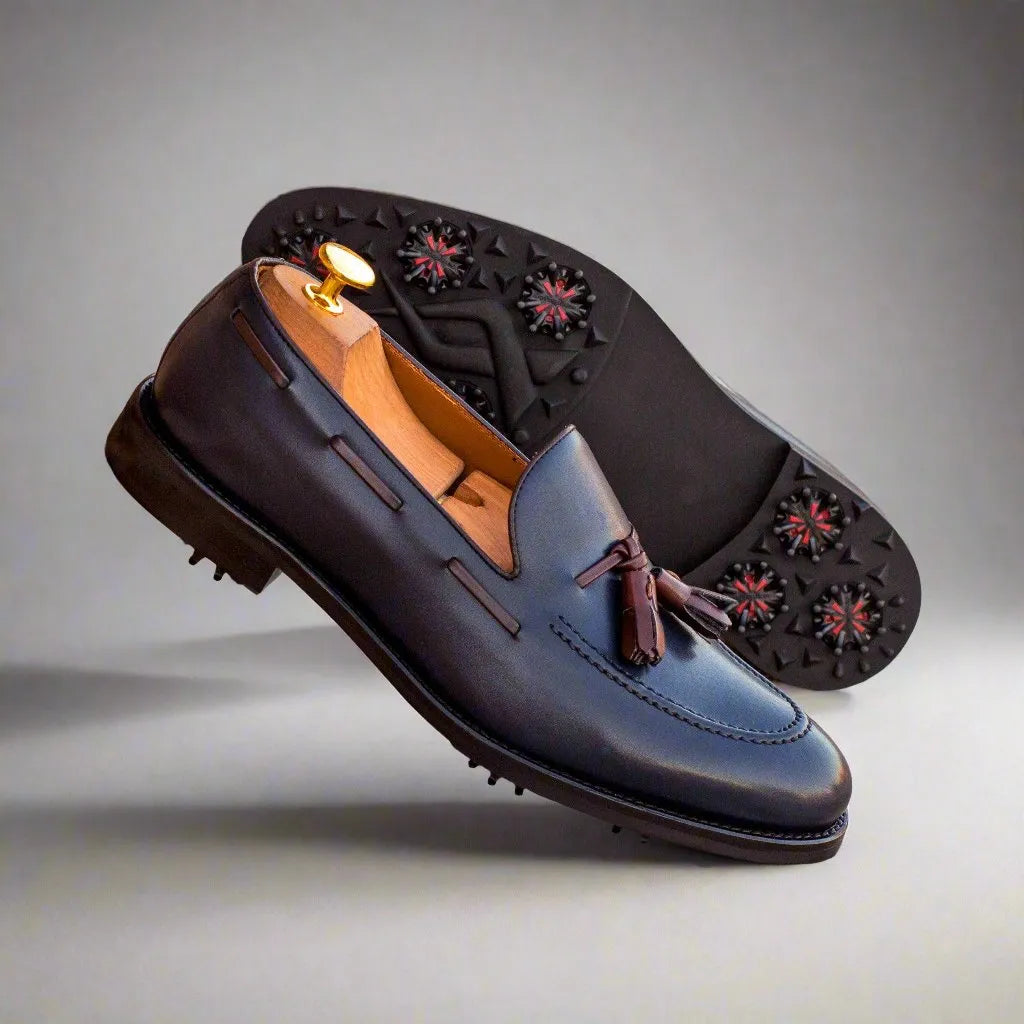 Blue leather Marine loafer golf shoes showcasing stylish and functional design