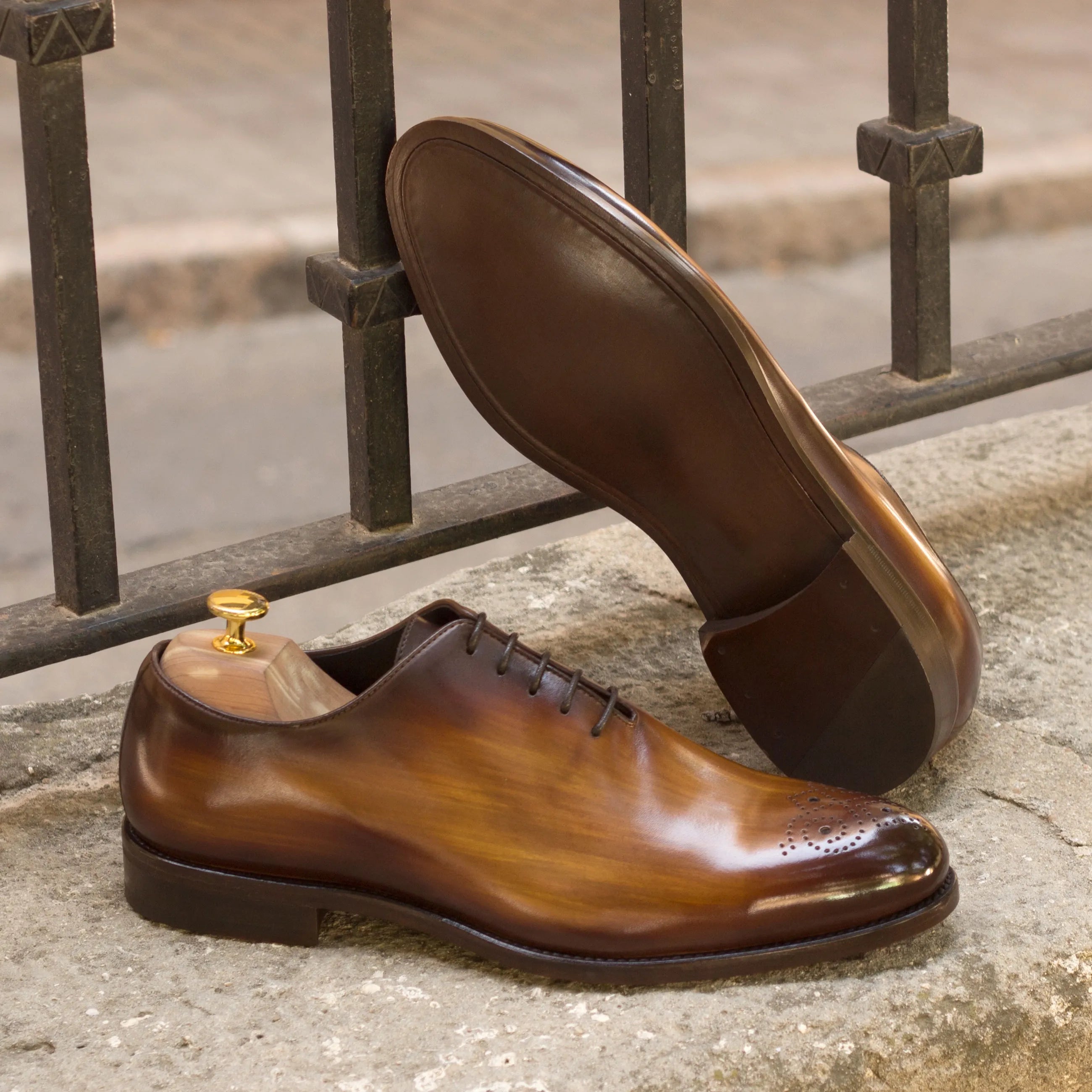 Brown leather Mario Whole Cut Patina luxury bespoke shoes for men showcasing elegant design