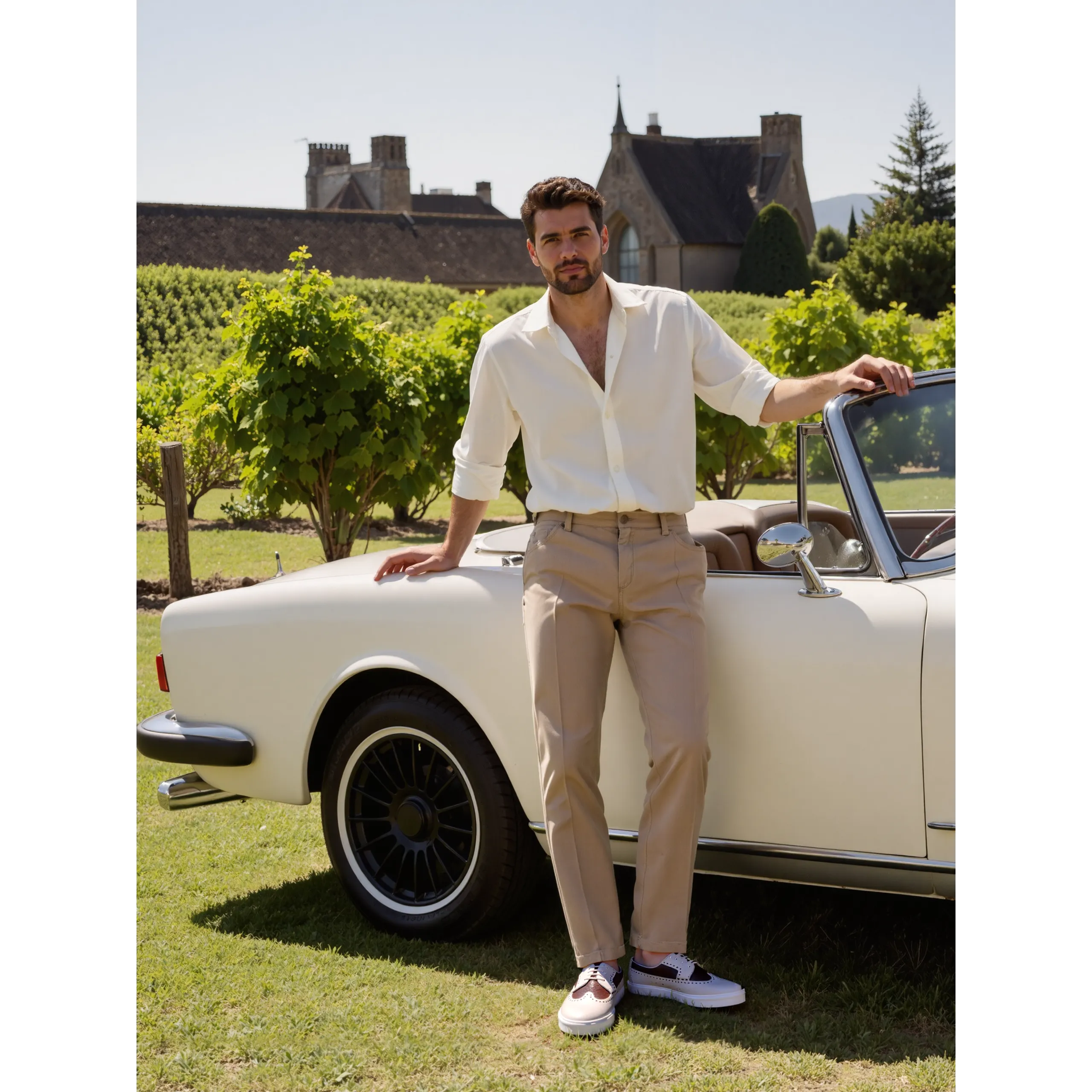 Man poses with a vintage convertible, showcasing Markof Longwing Sneaker with wingtip detailing