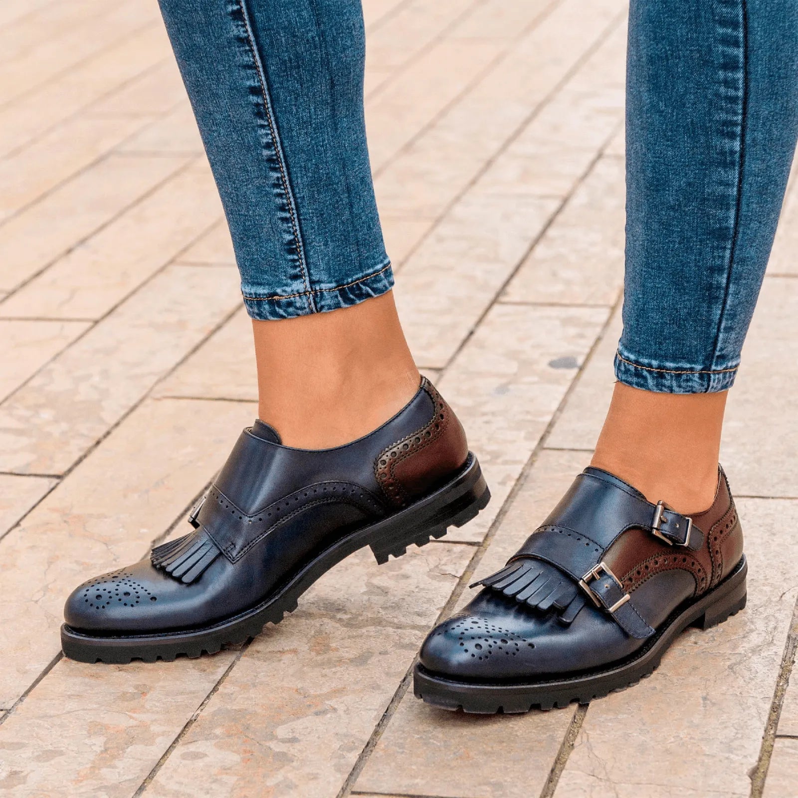 Two-tone leather monk strap shoes by Maryet Kiltie unisex, featuring painted calf details