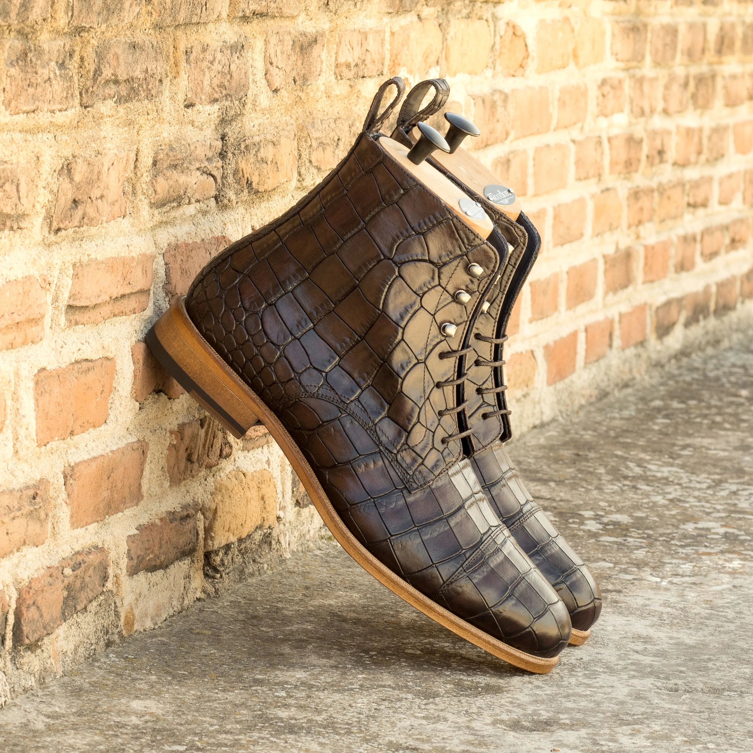 Brown crocodile leather Matty Jumper Boots showcasing luxury and style