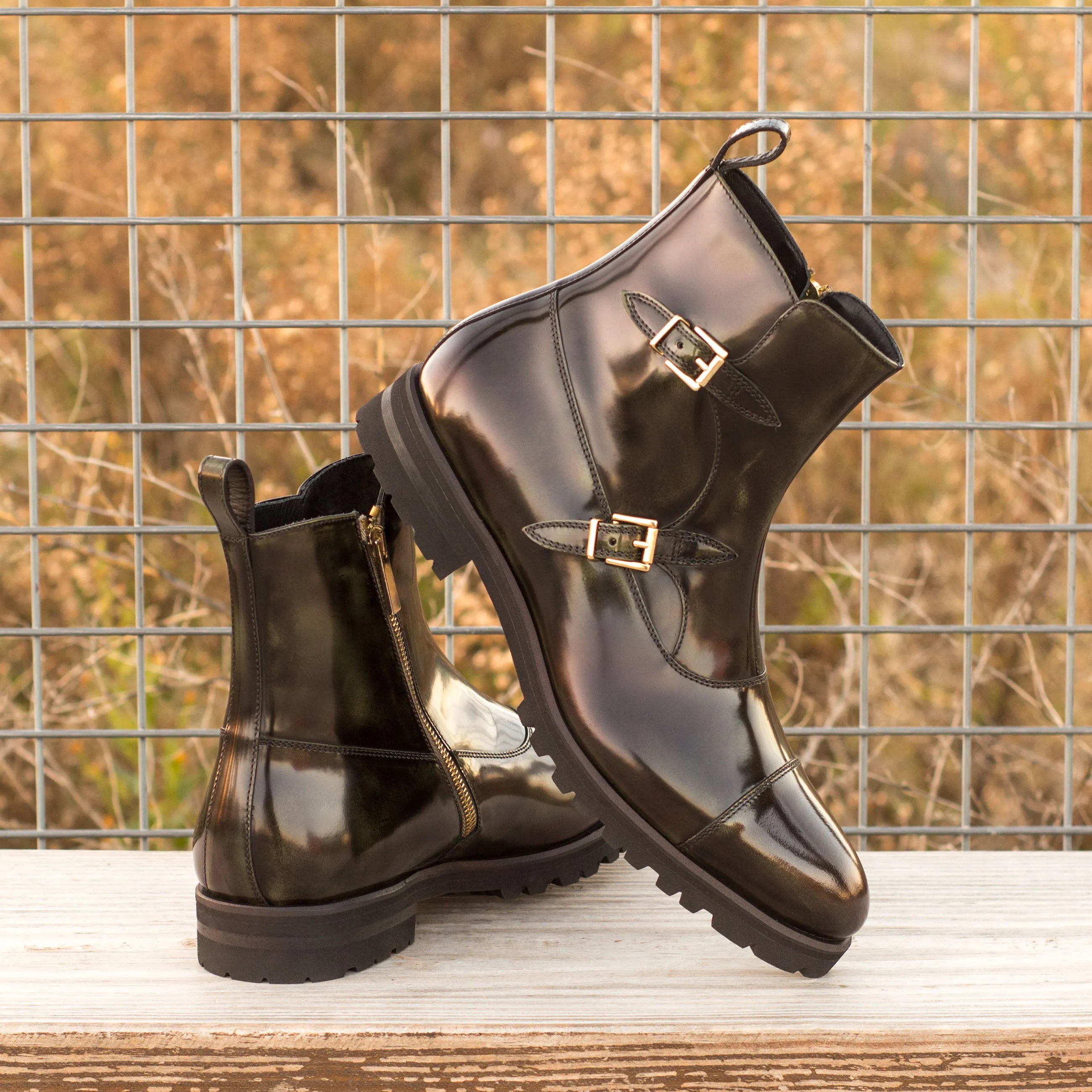 Shiny brown leather monk strap boots, featuring Matua Octavian design