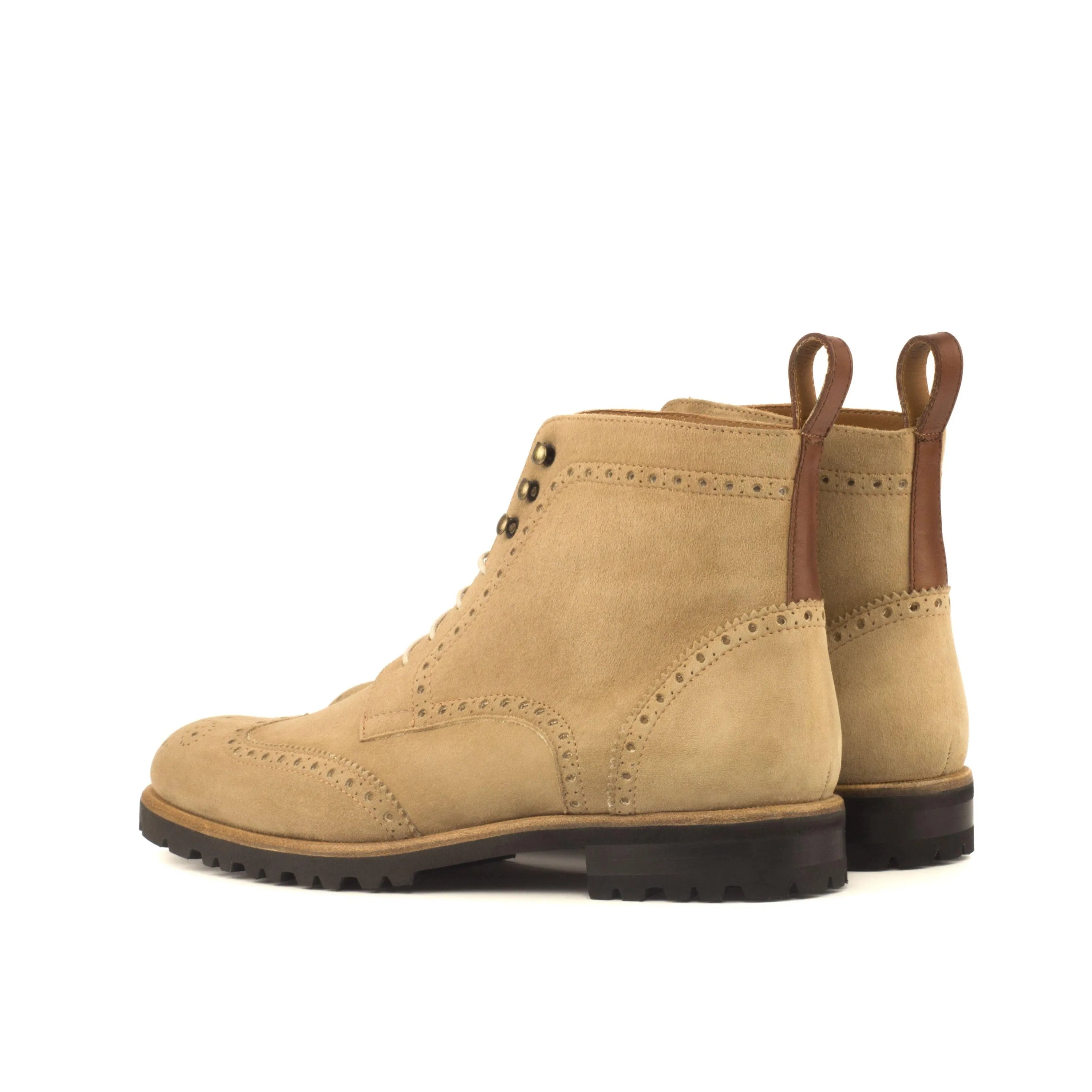 Tan suede wingtip boots featured in Mayas Ladies Military Brogue Boots II collection