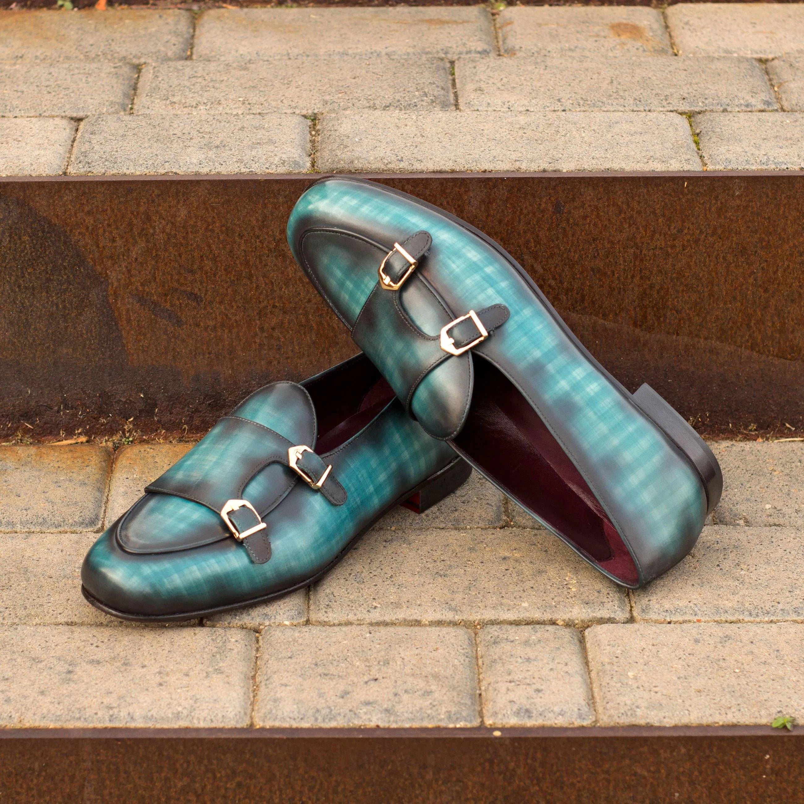 Stylish teal Mercelo Belgian Patina Monk Slipper featuring a double monk strap design