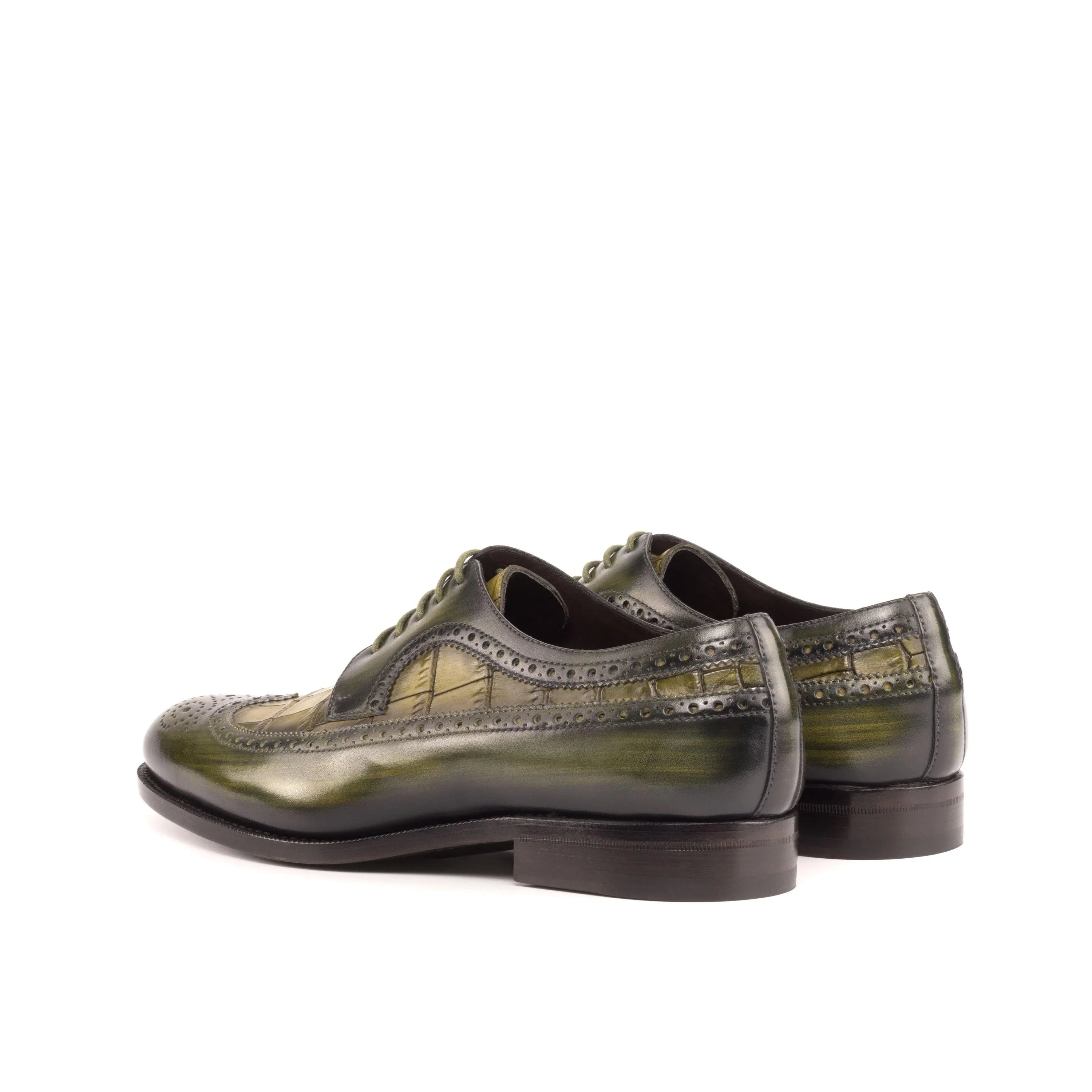Green leather Milios Patina Longwing Blucher dress shoes featuring elegant wingtip design