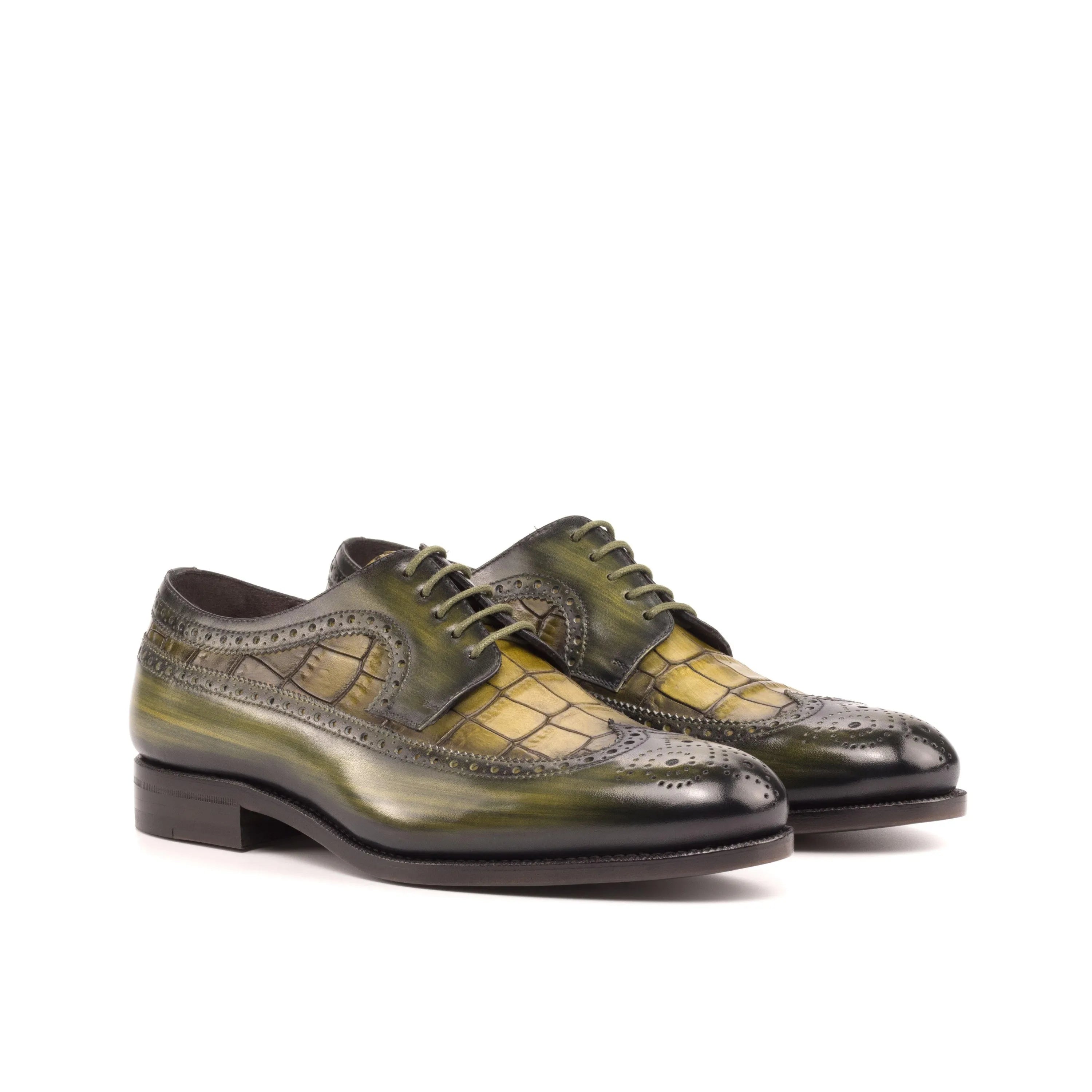 Green and yellow crocodile-patterned Milios Patina Longwing Blucher dress shoes