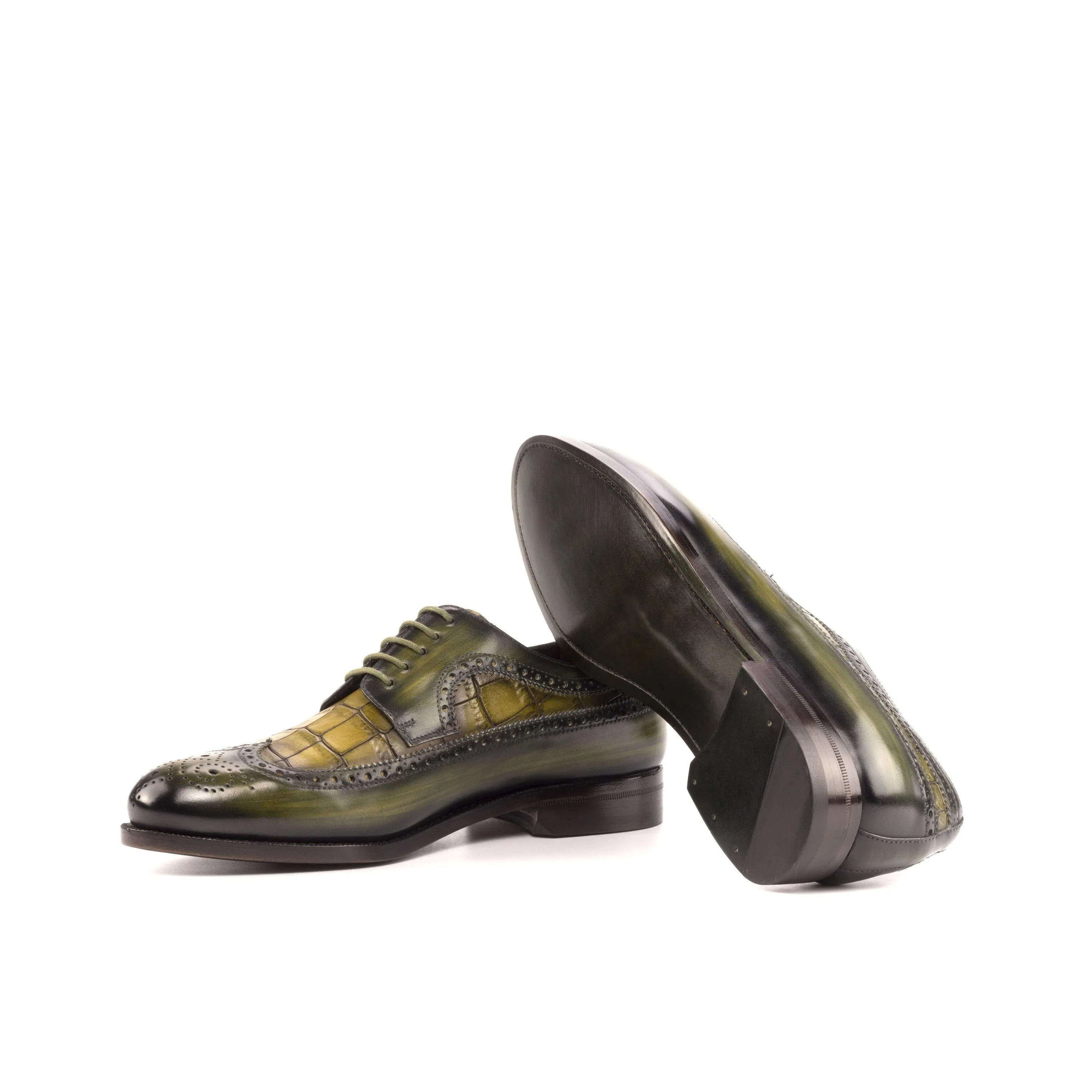 Green and yellow leather dress shoes, Milios Patina Longwing Blucher for stylish elegance