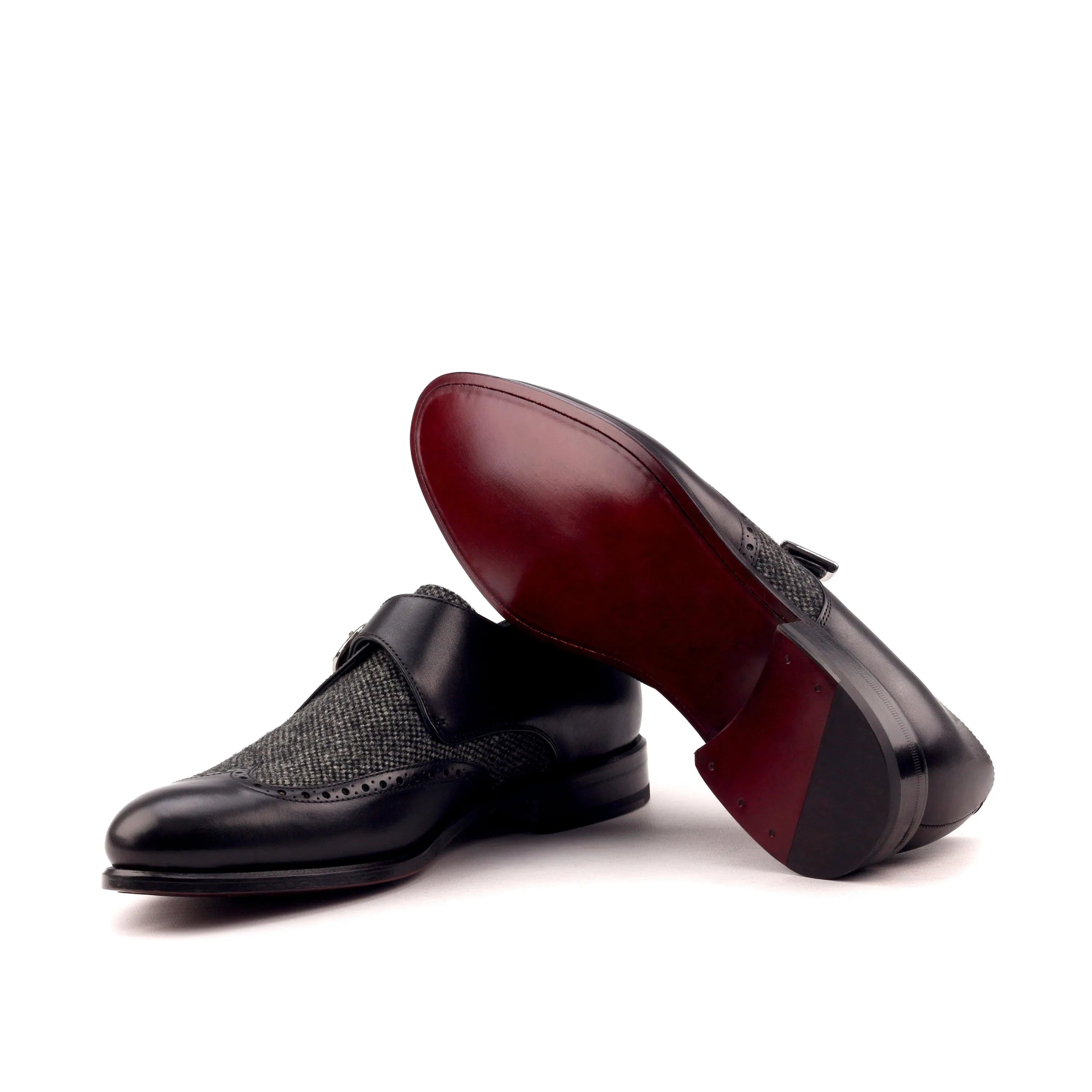 Black leather and tweed Mina Sartorial single monk strap shoes for sophisticated style