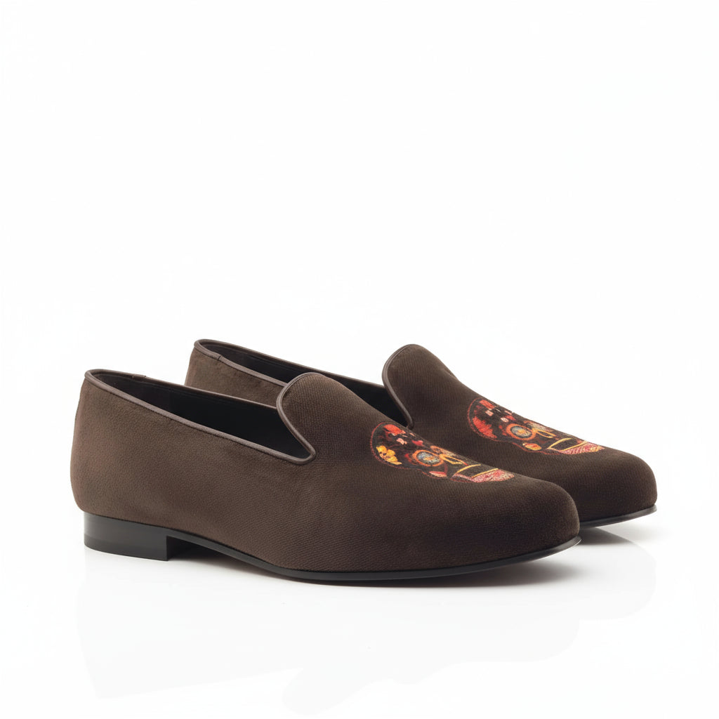 Brown suede loafers with floral embroidery from the Mizarble Wellington slip collection