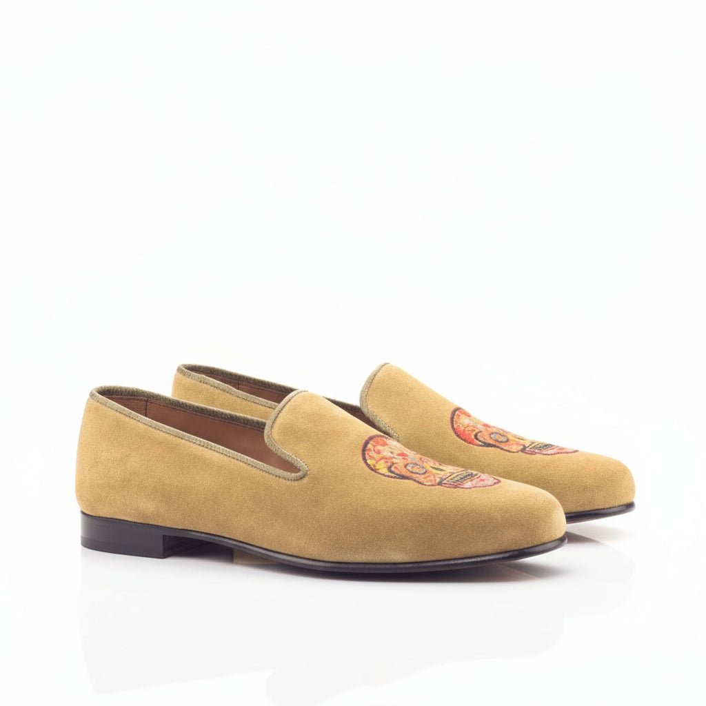 Tan suede loafers with skull design from Mizrable II Wellington luxury bespoke shoes for men