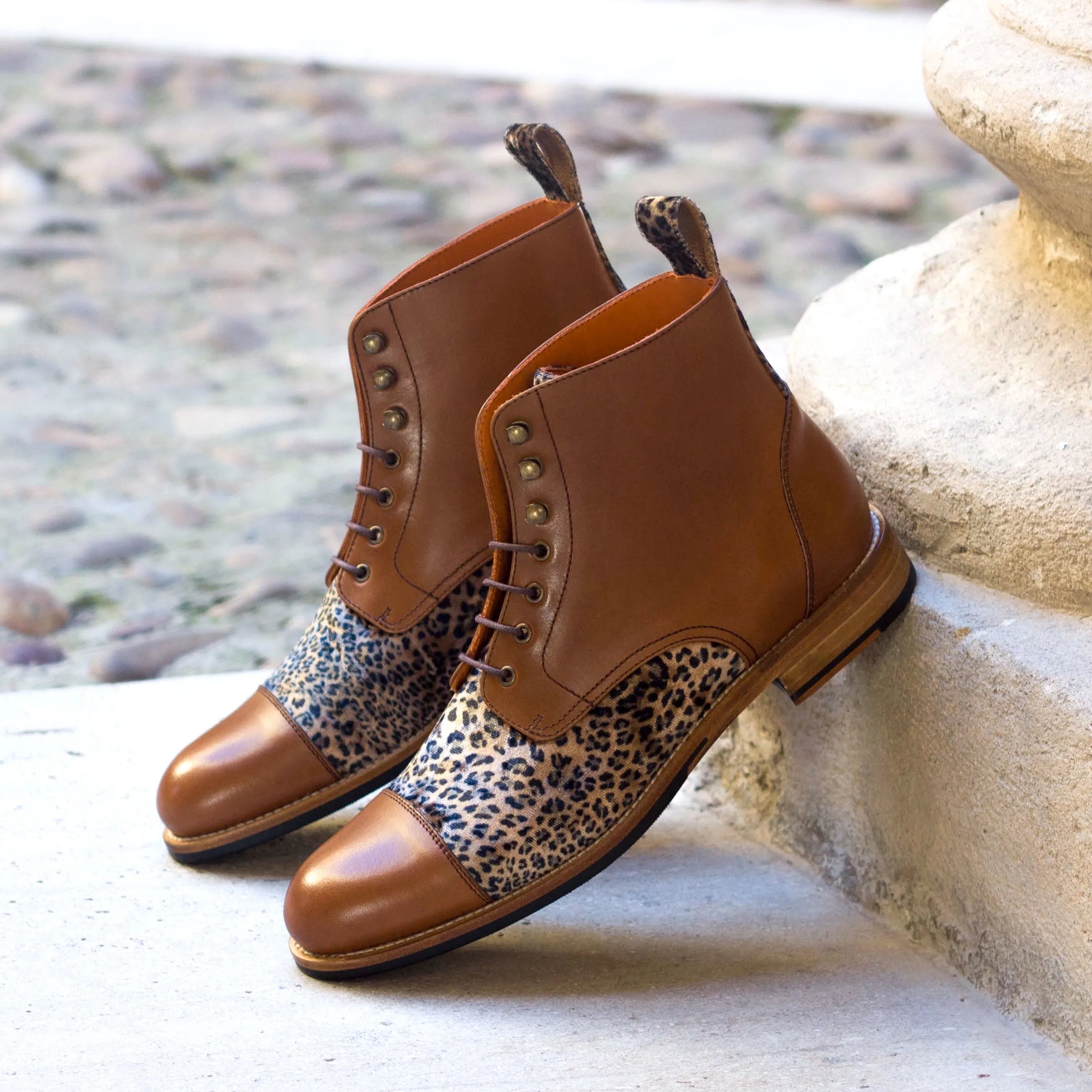 Brown leather and leopard print Mo Ladies Captoe Boots for stylish footwear choices