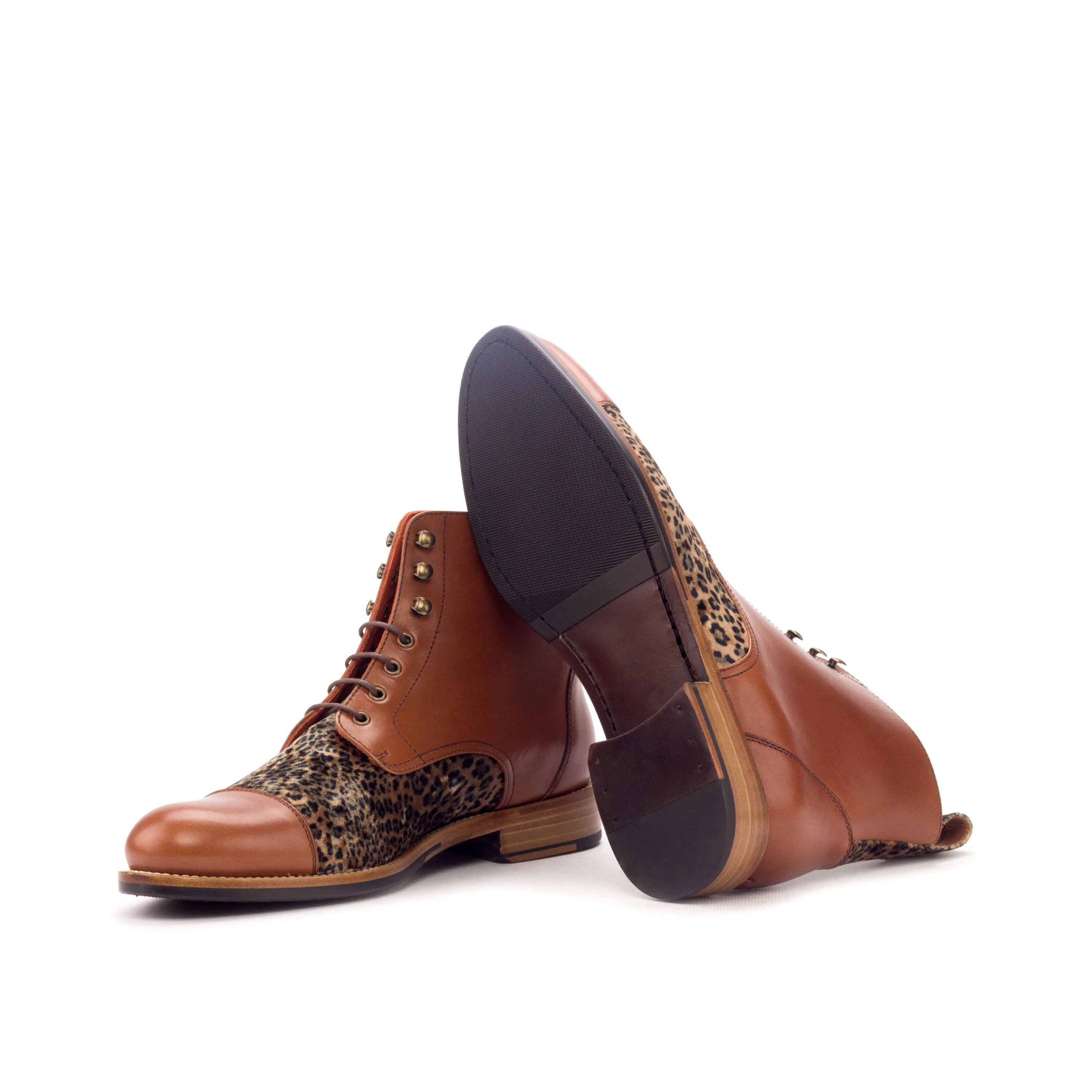 Brown leather and leopard print Mo Ladies Captoe boots for stylish women’s footwear