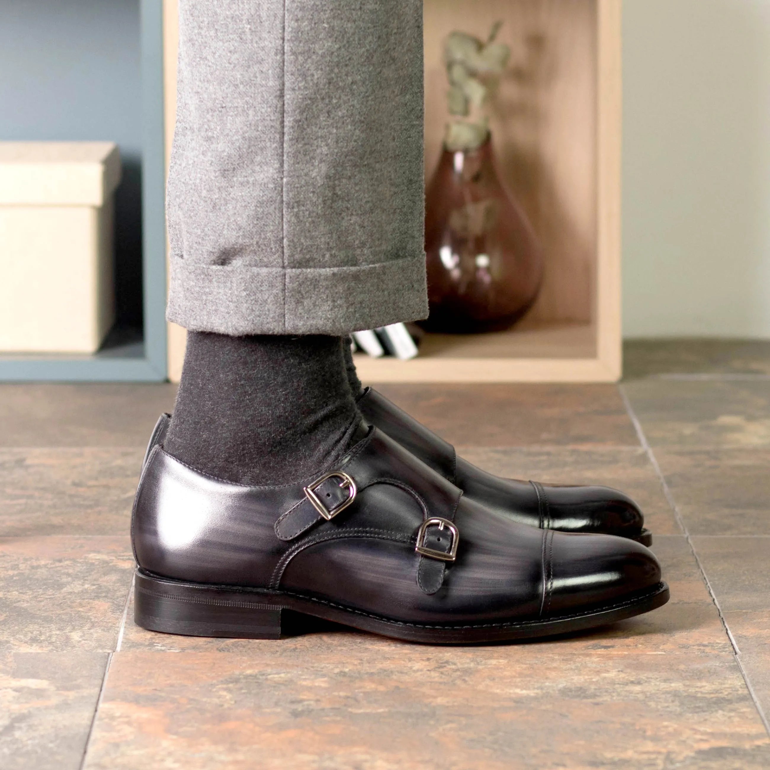 Gray leather double monk strap shoes from Moedar Patina Double collection