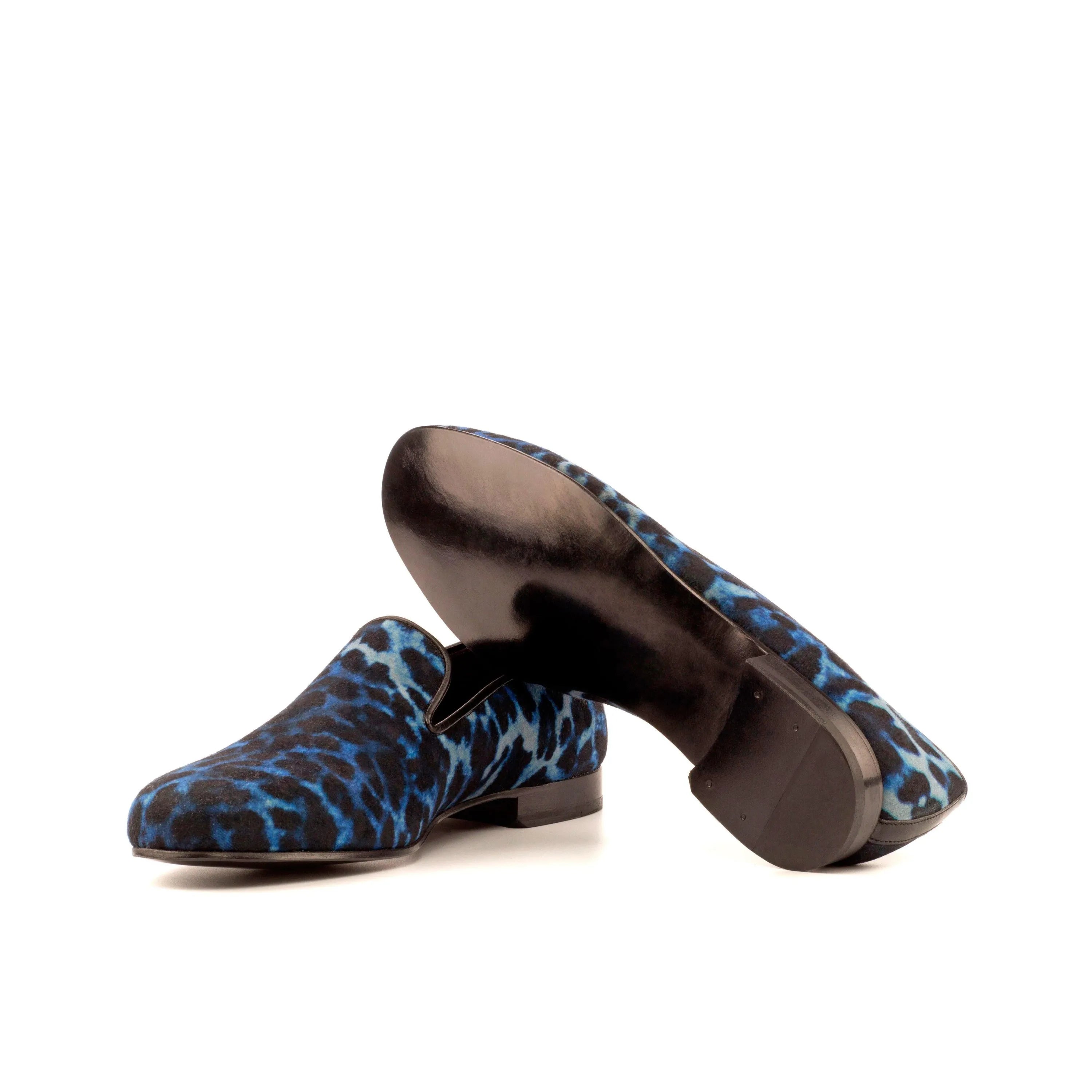 Blue leopard print loafers, featuring the Monaz Wellington slip on design for stylish comfort