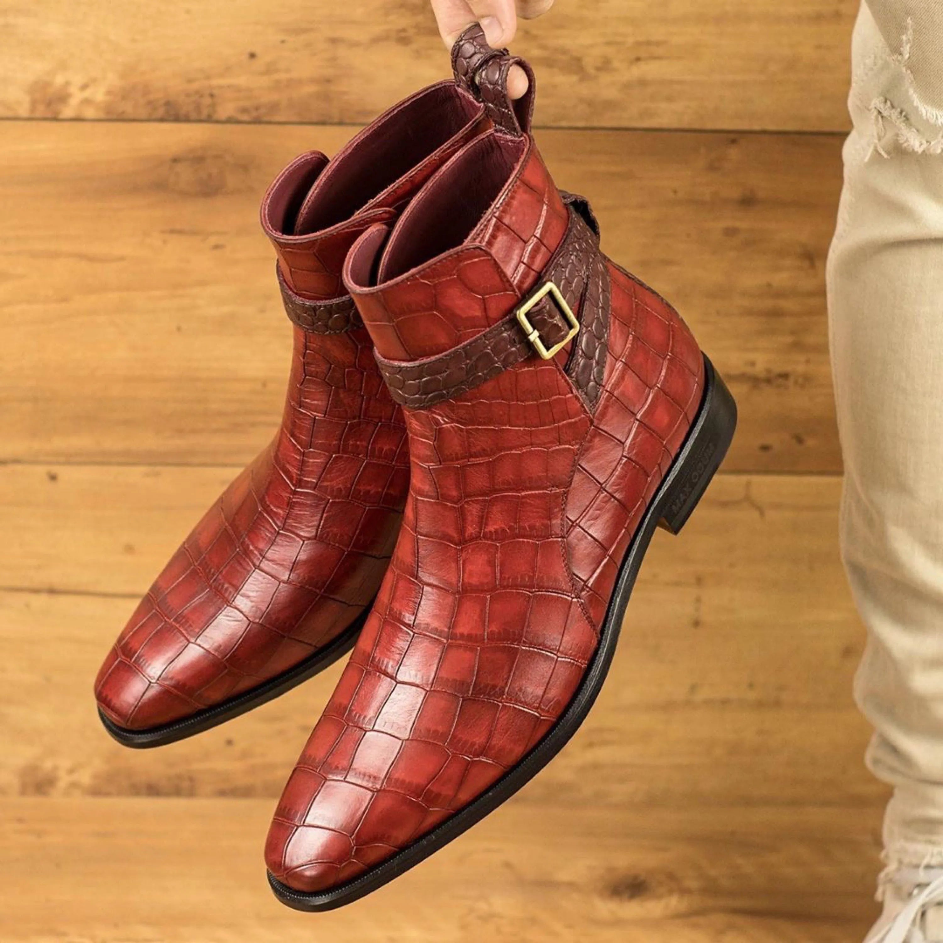 Red crocodile-patterned ankle boots, ideal for stylish outfits, Monday Croc Jodhpur