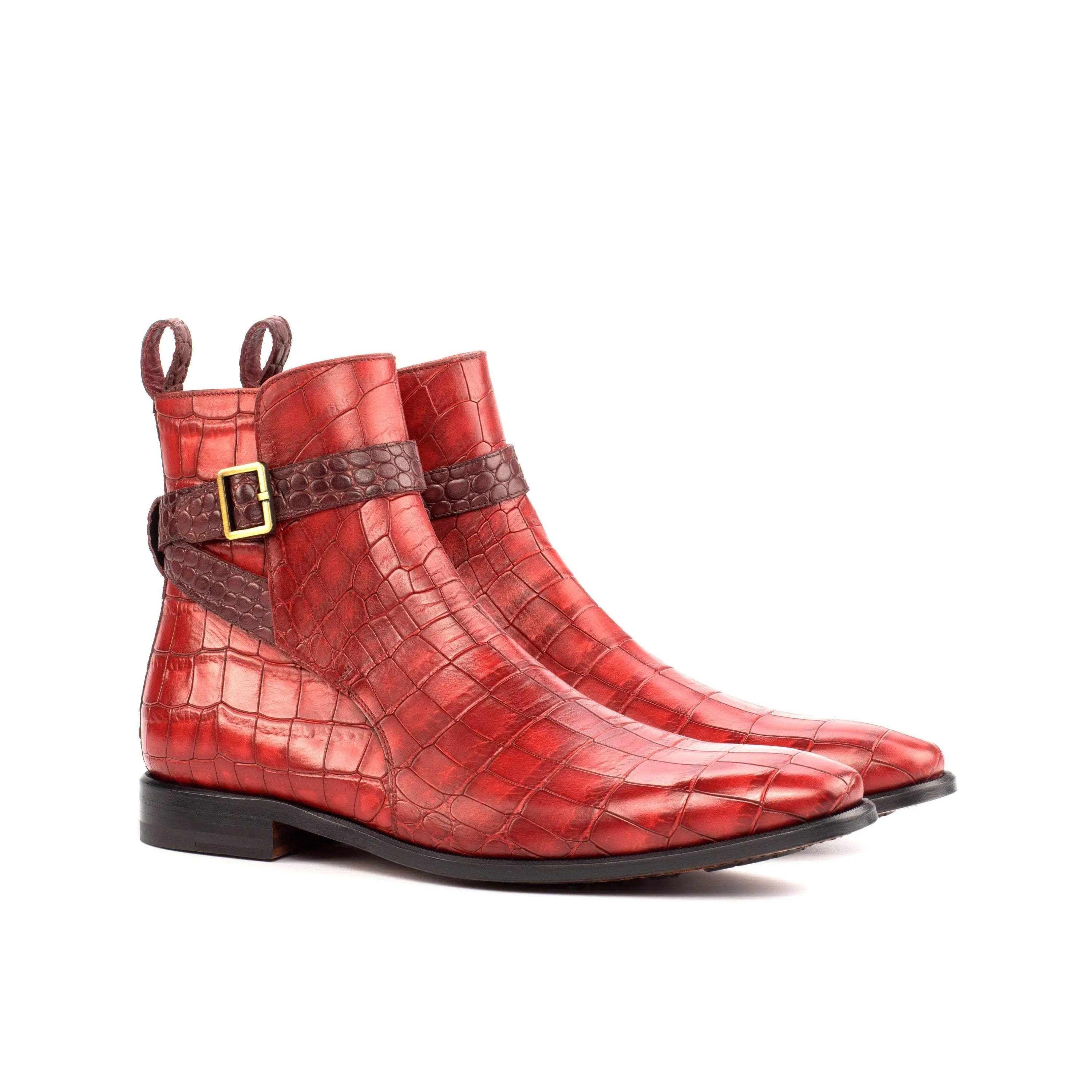 Red crocodile-patterned ankle boots, perfect for stylish wear, featuring Monday Croc Jodhpur design