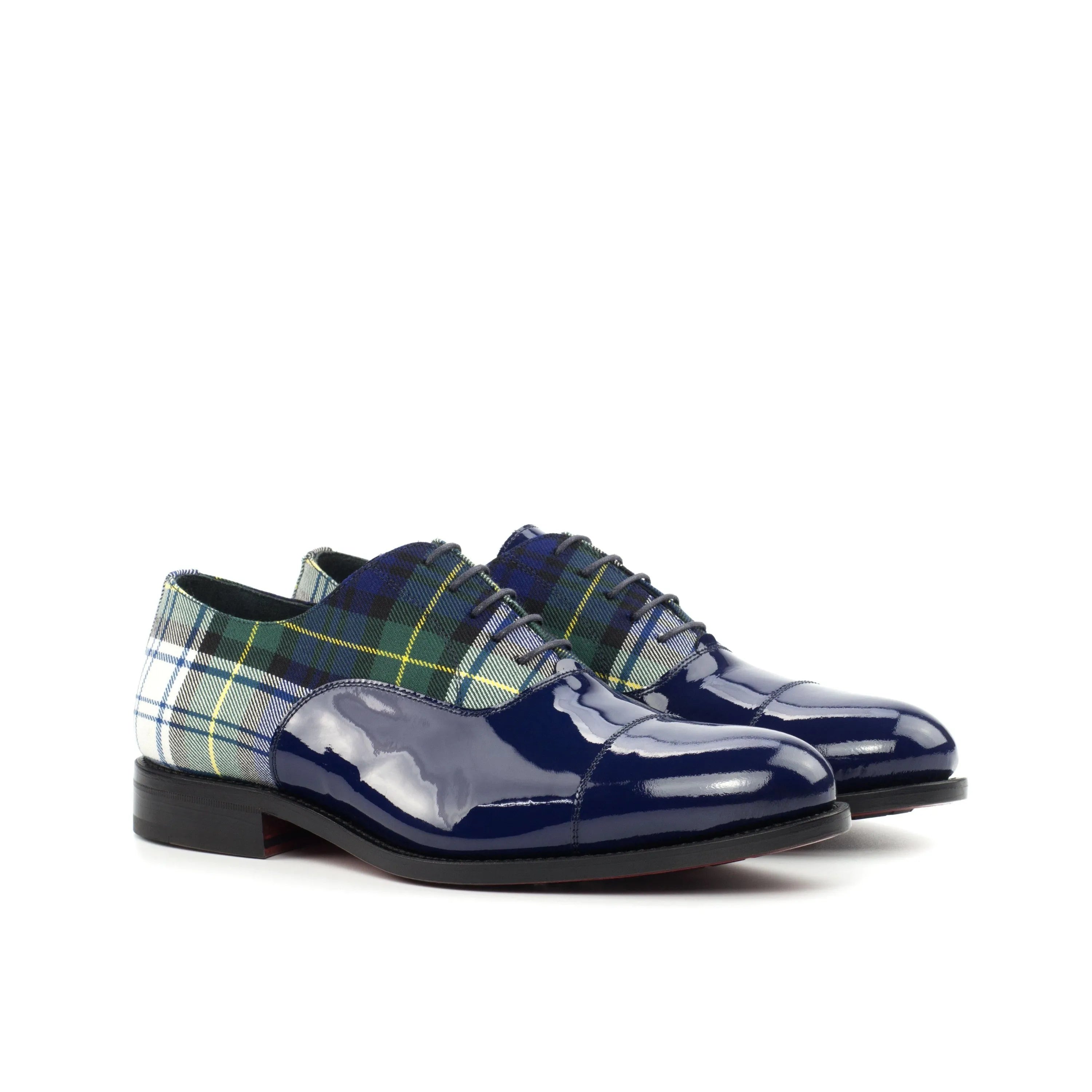 Blue patent leather and plaid Monty Oxford shoes for stylish formal attire