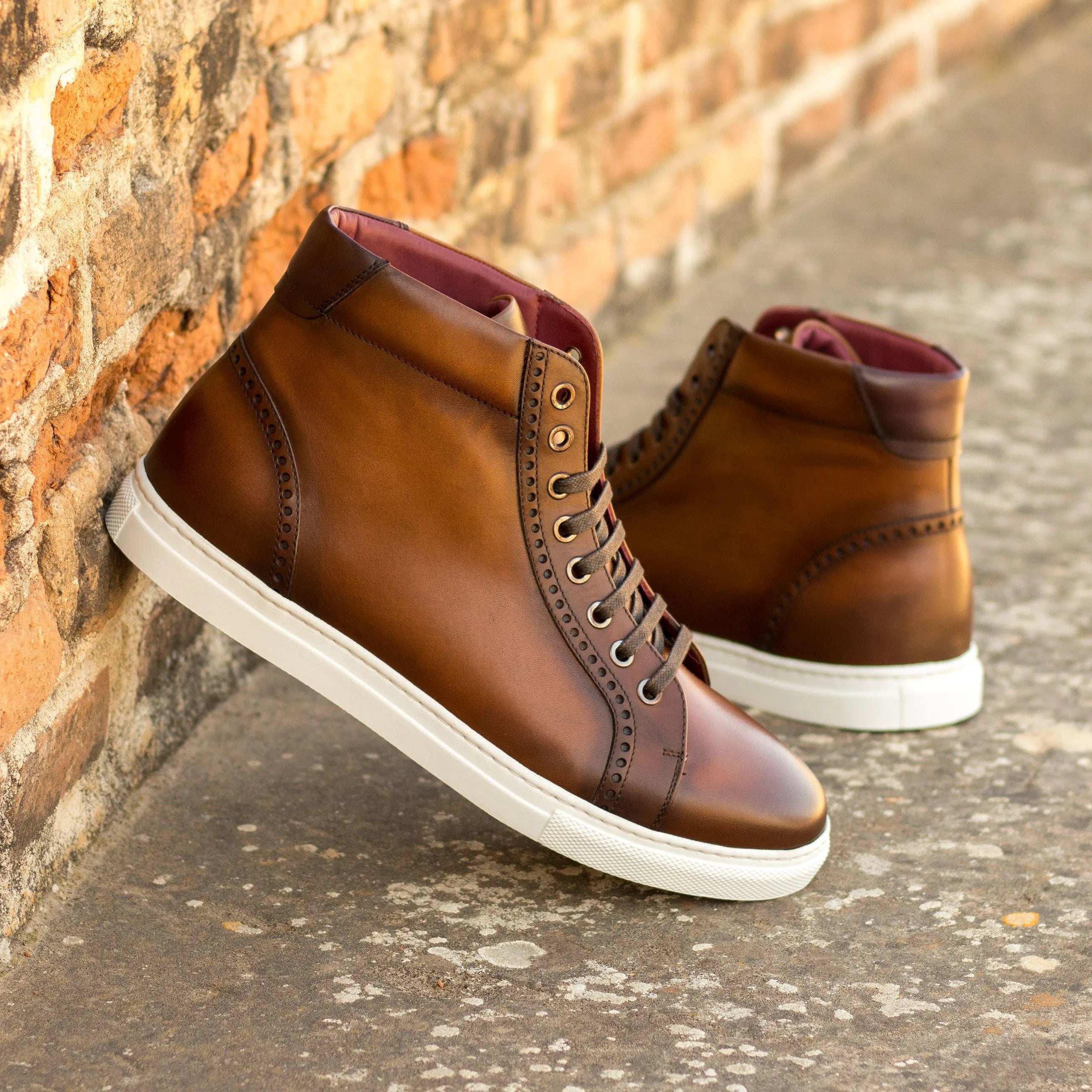 Brown leather high-top Moon High Kicks Sneakers II featuring painted calf design