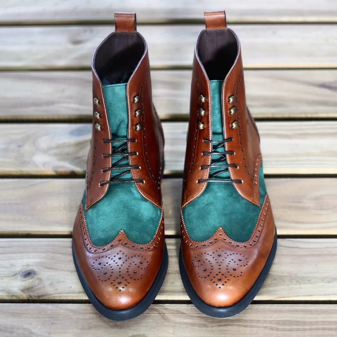 Brown and green leather Moscow Military Brogue Boots with wingtip design
