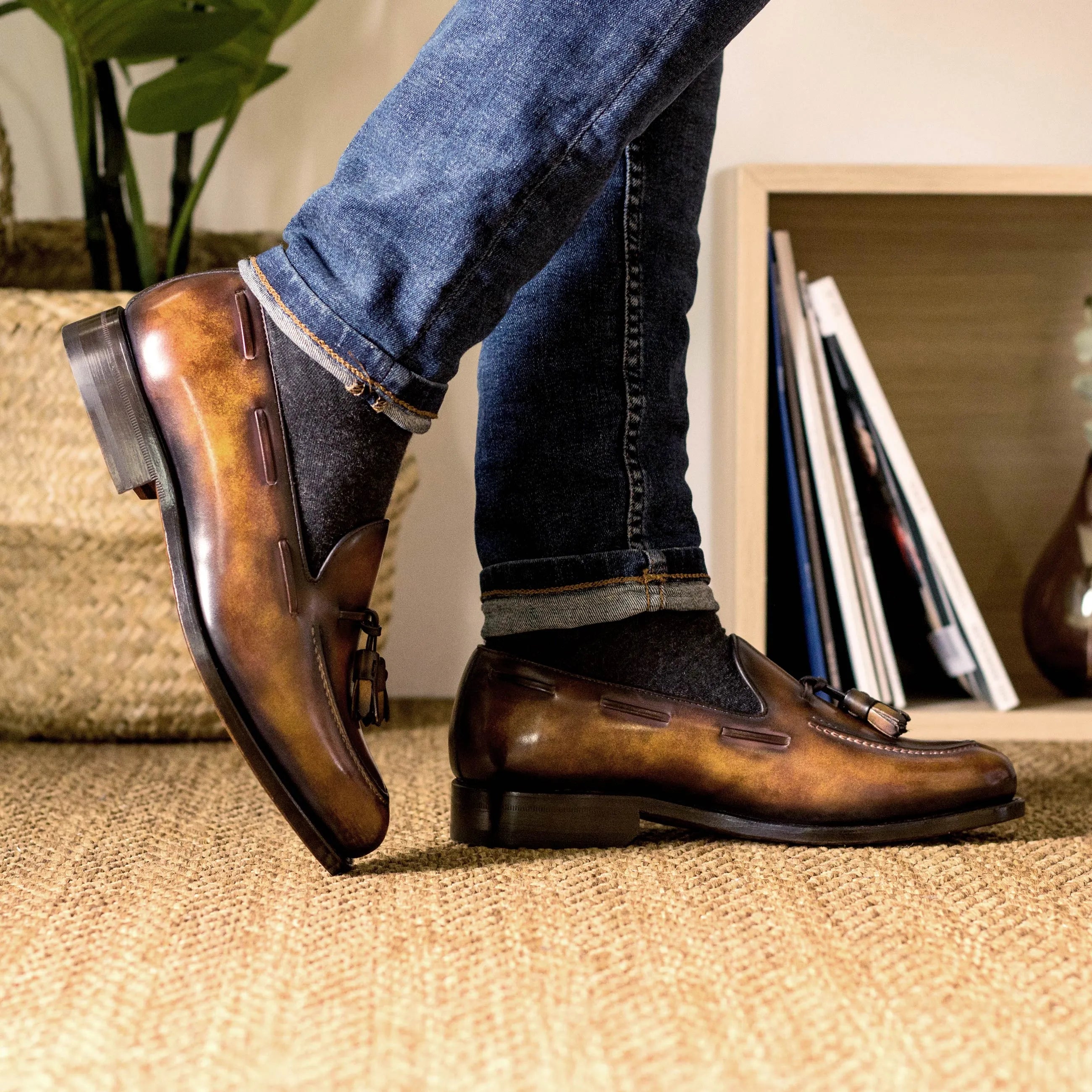 Brown leather tassel loafers, stylish Mozir Patina Loafers for sophisticated footwear