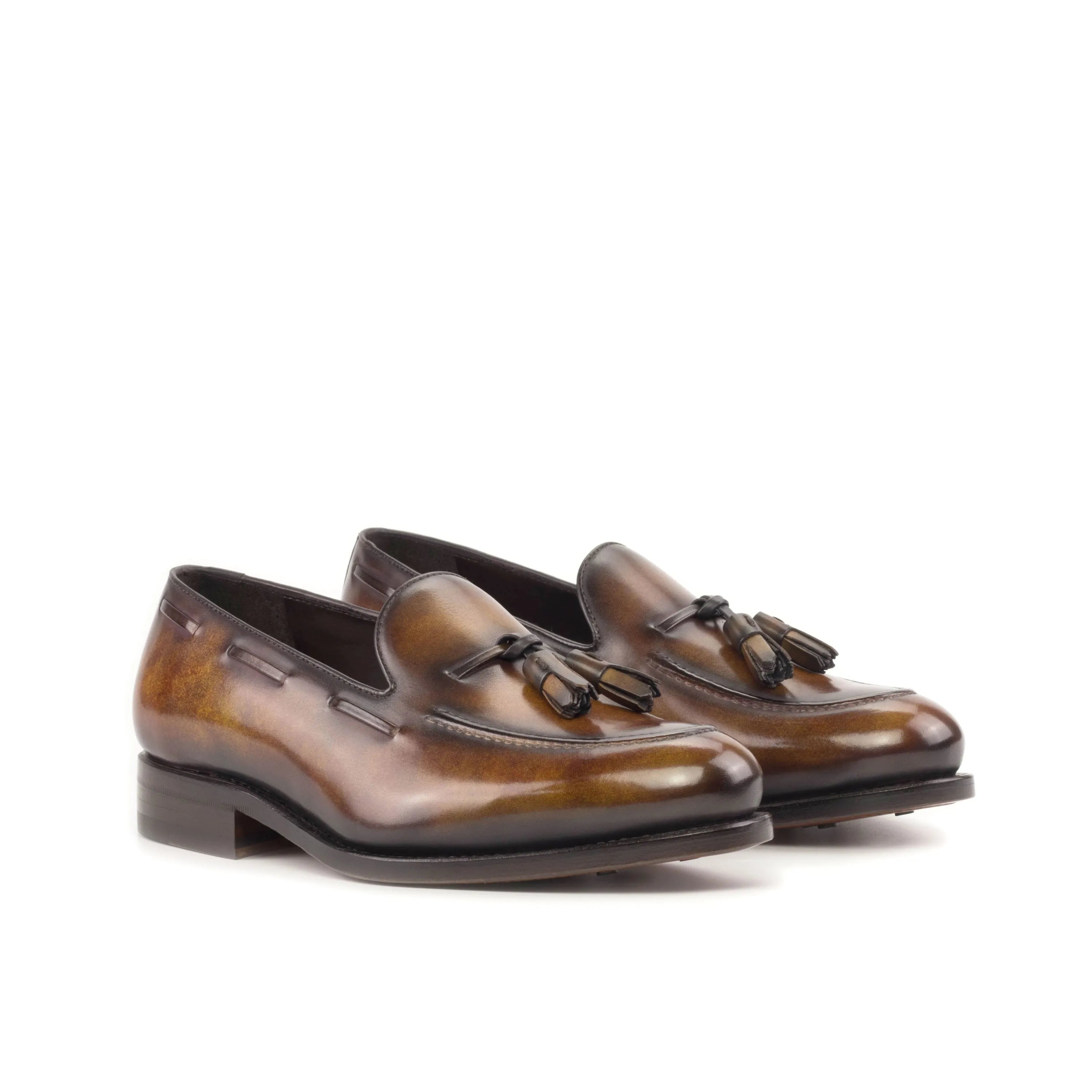 Brown leather tassel loafers, showcasing the elegant style of Mozir Patina Loafers