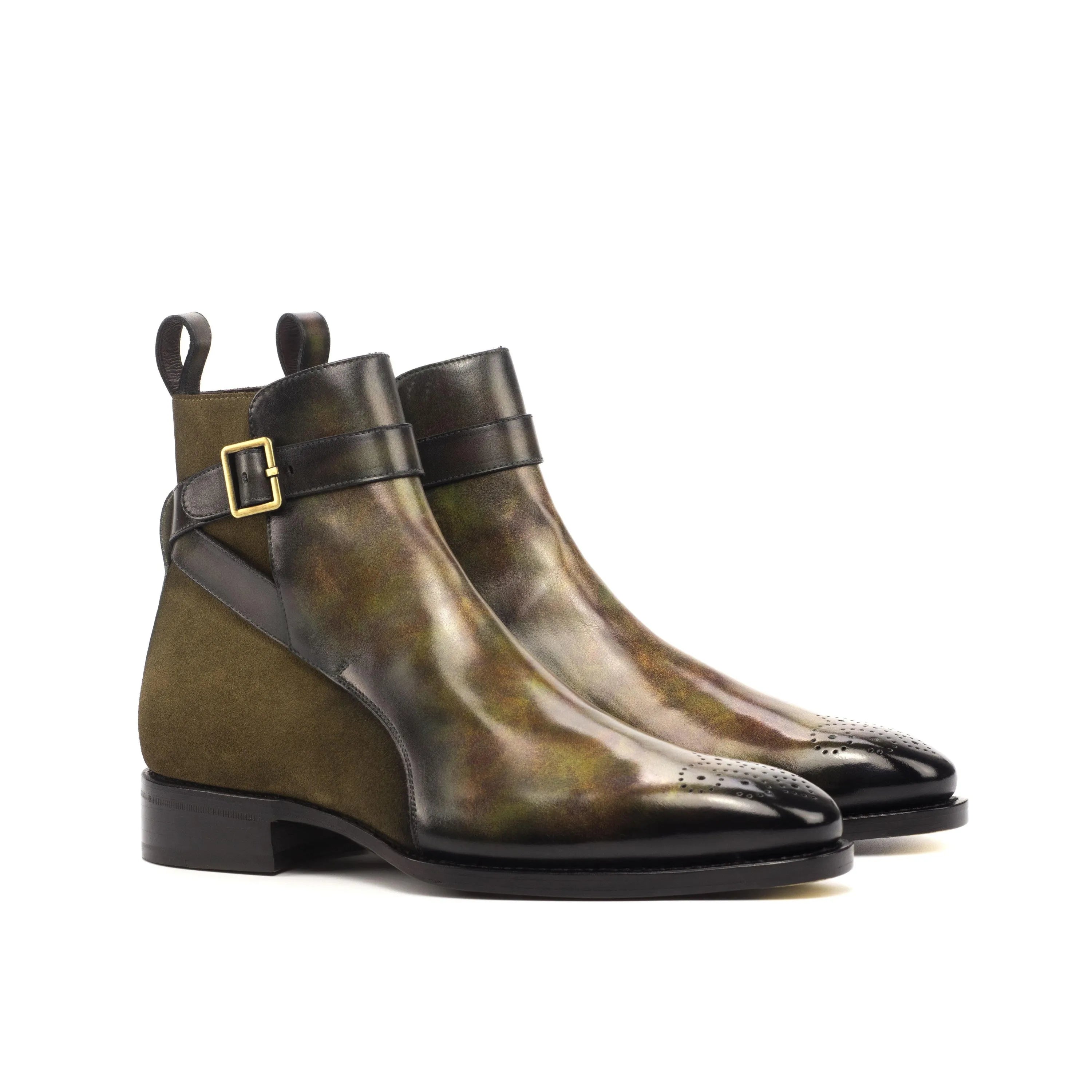 Olive green leather Naid Jodhpur Patina Boots showcasing modern elegance and style