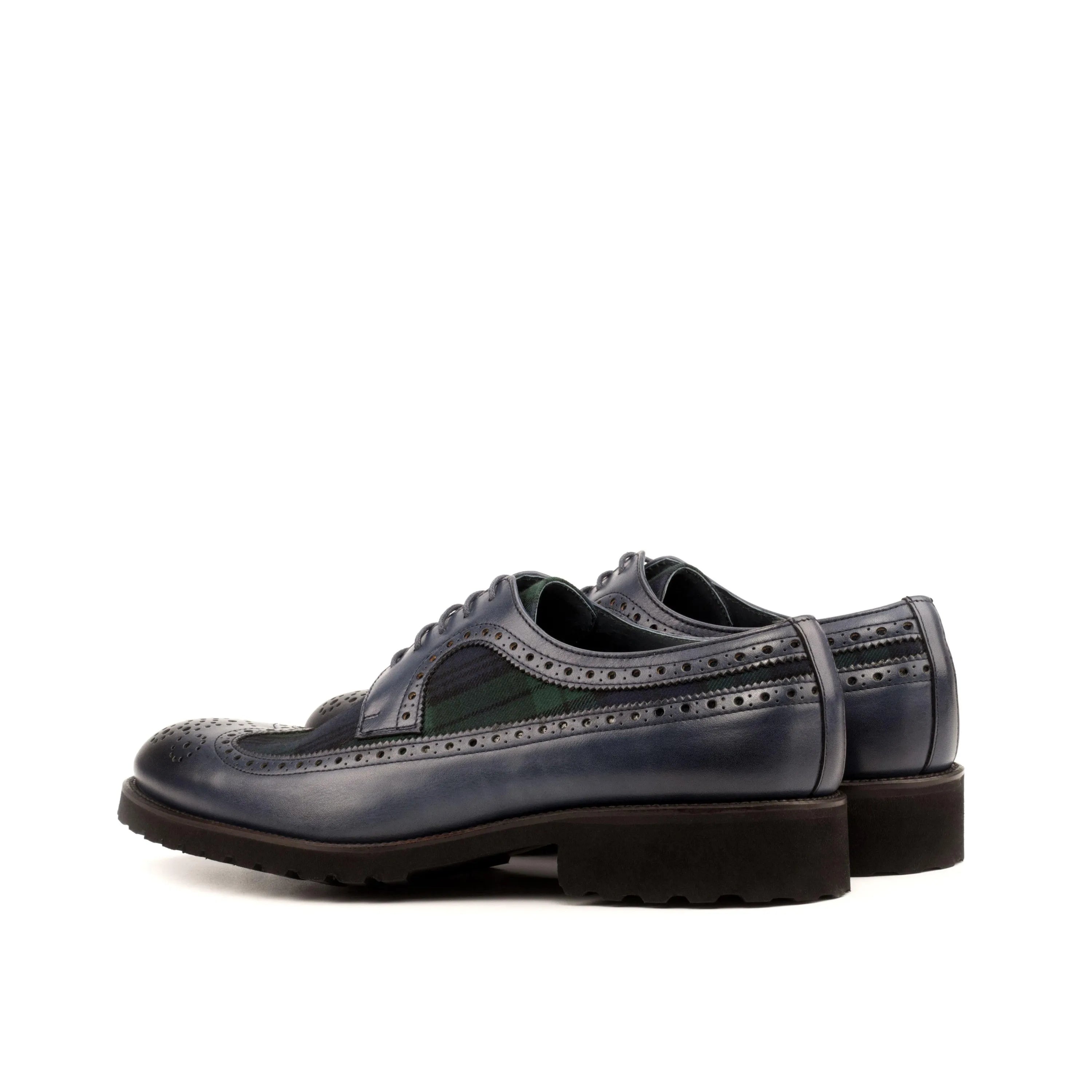 Blue leather Nakoda Longwing Blucher shoes featuring long wingtip design