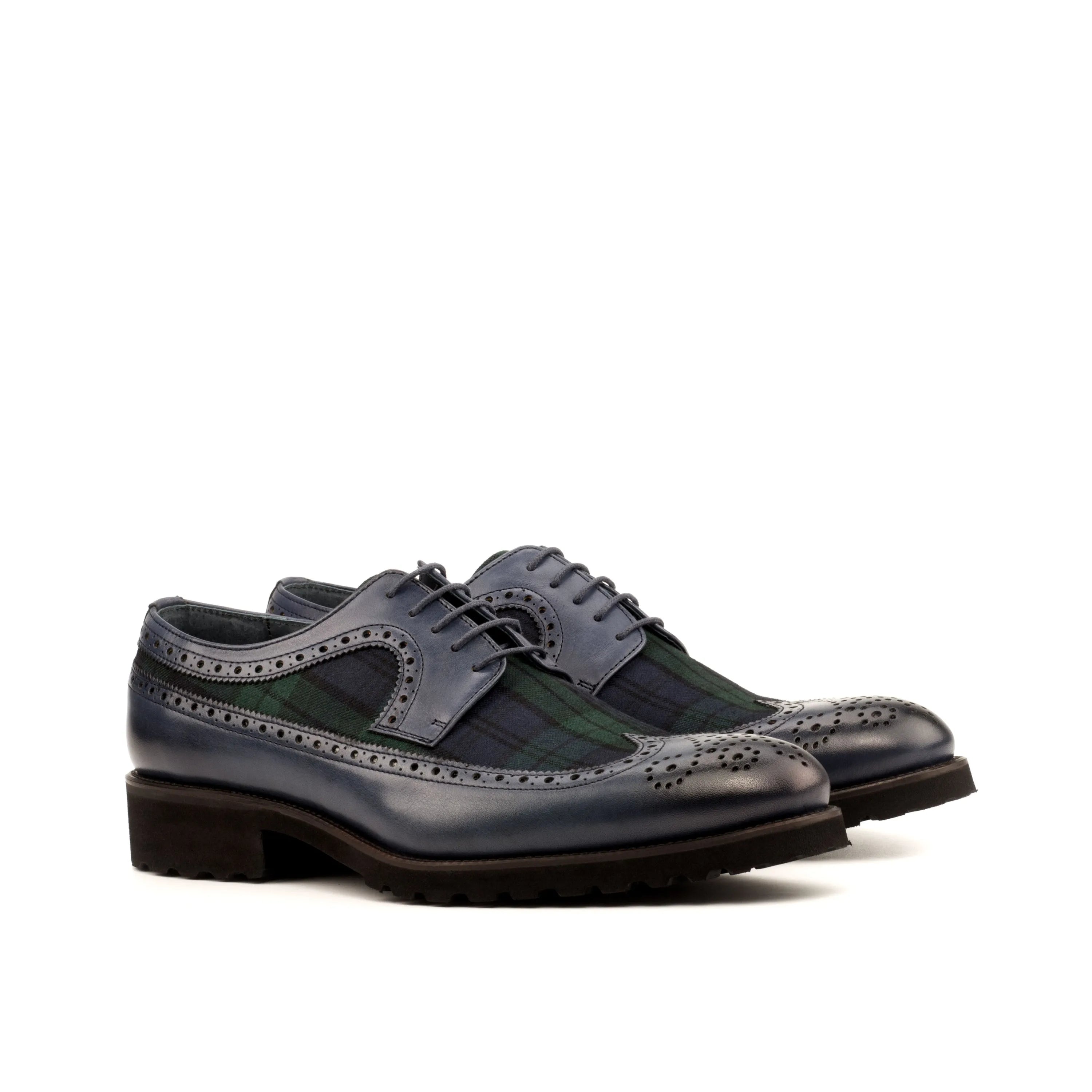 Blue and green plaid dress shoes, Nakoda Longwing Blucher, long wingtip blucher style