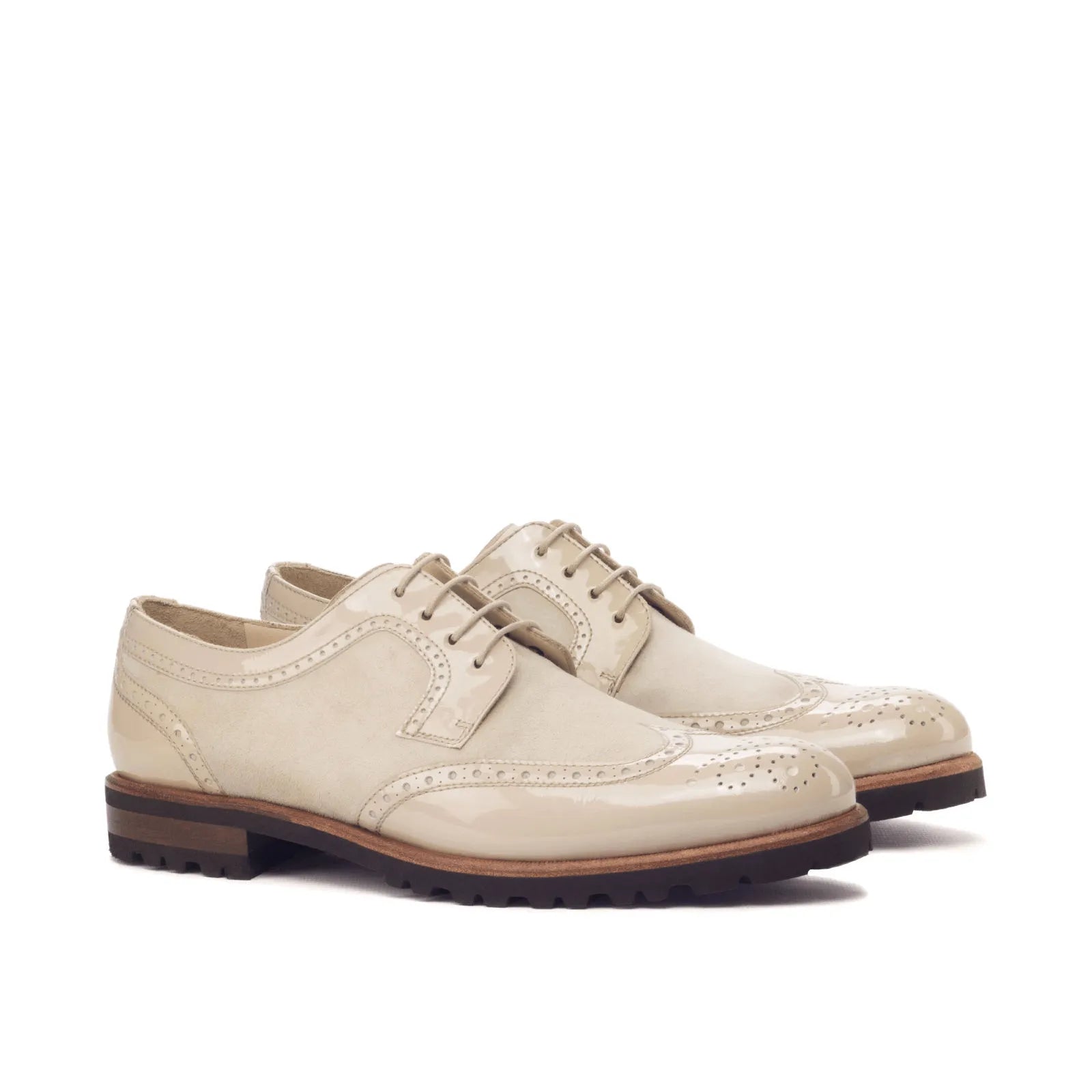 Beige patent leather wingtip shoes from Nana Ladies Derby Wingtip collection
