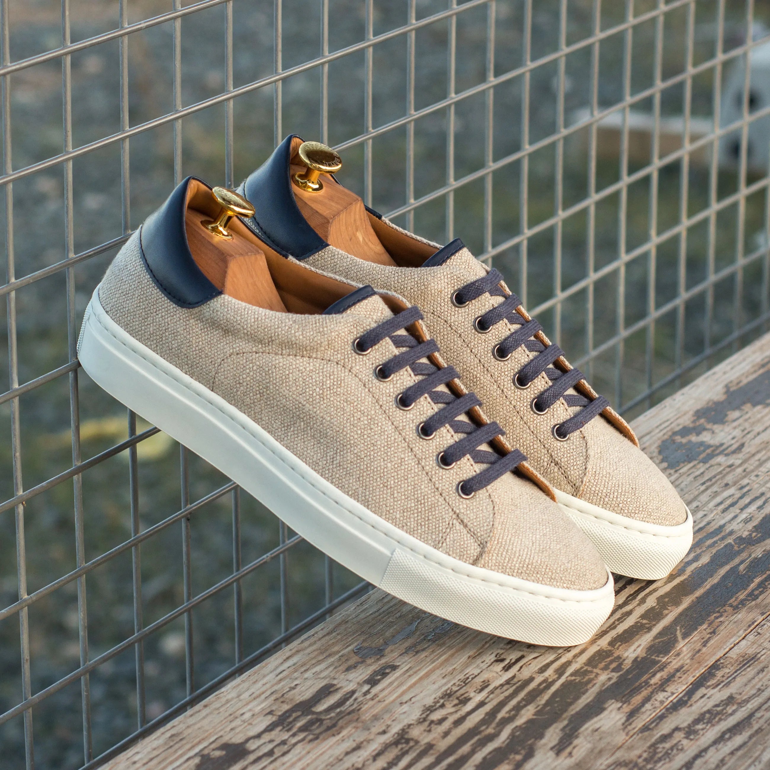Beige Nastas Top Sider Sneaker with navy accents, perfect cupsole trainer for casual wear